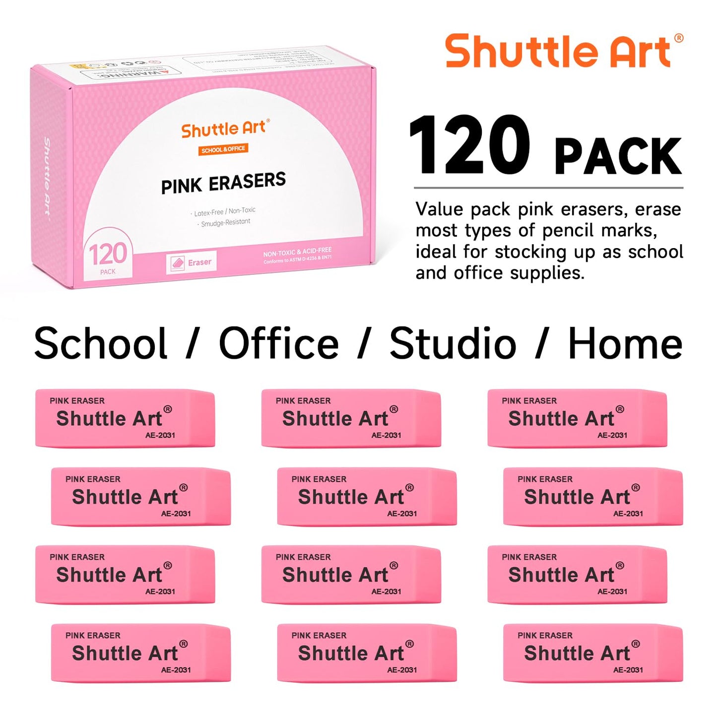 Pink Erasers, Shuttle Art 120 Pack Pink Erasers Bulk for School, Office, Latex-Free Soft Eraser for Kids, Teachers as School Supplies