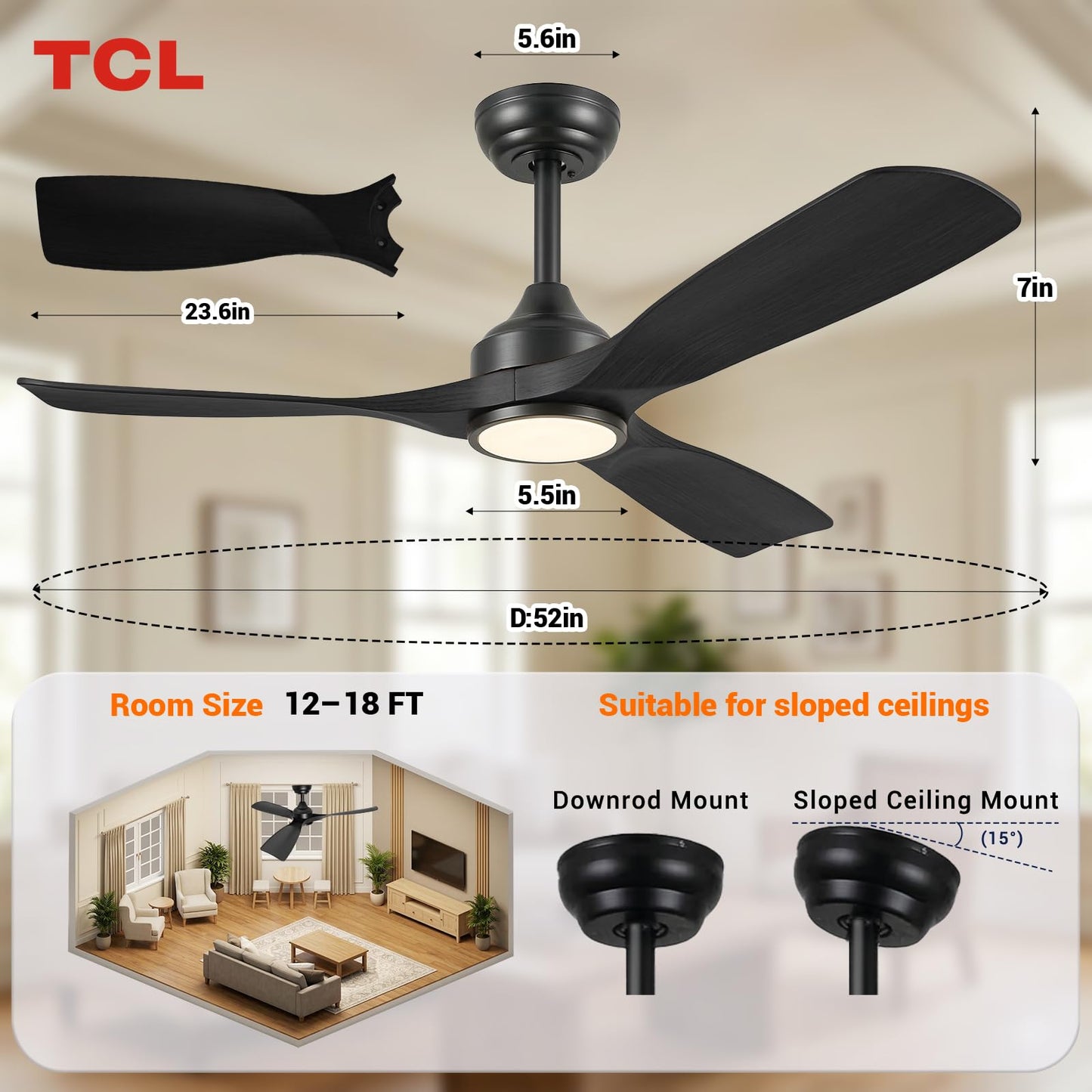 TCL 52" Black Waterproof Outdoor Ceiling Fan with Light & Remote