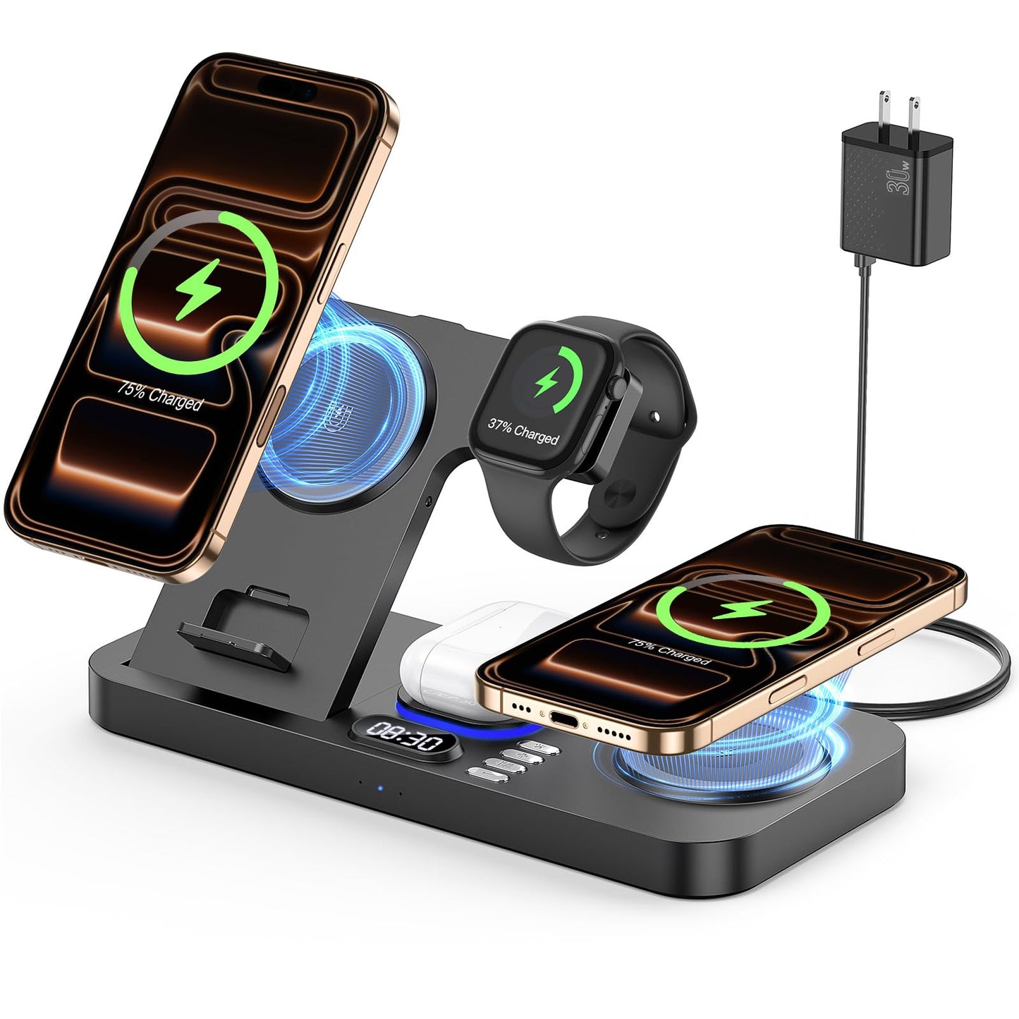 YiJYi Dual Phone Wireless Charging Station for Apple Devices, 30W Wireless Charger with Auto-Switch 7-Color Light & Clock,Dual iPhone for iPhone 17