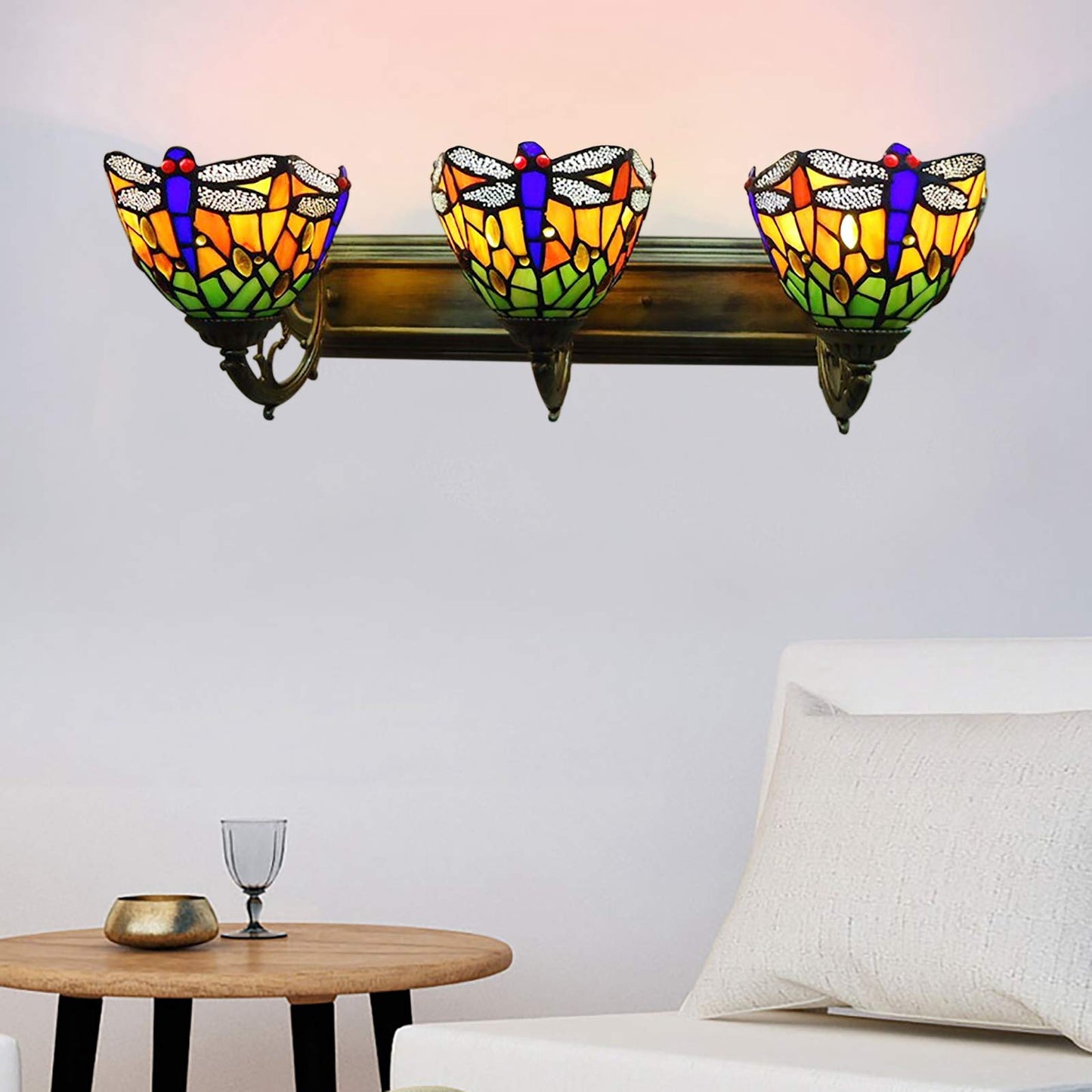 Tiardocge Tiffany Style Wall Mount Lamp, 3-Light Dragonfly Wall Sconce Lamp, Baroque Wall Lamp, Stained Glass Vintage Antique Light for Bedroom Living