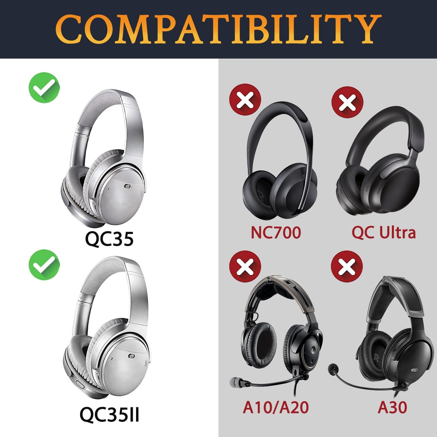 SoloWIT Earpads for Bose QC35/QC35 II Over-Ear Headphones, Softer Leather, Noise Isolation Foam - PL Silver