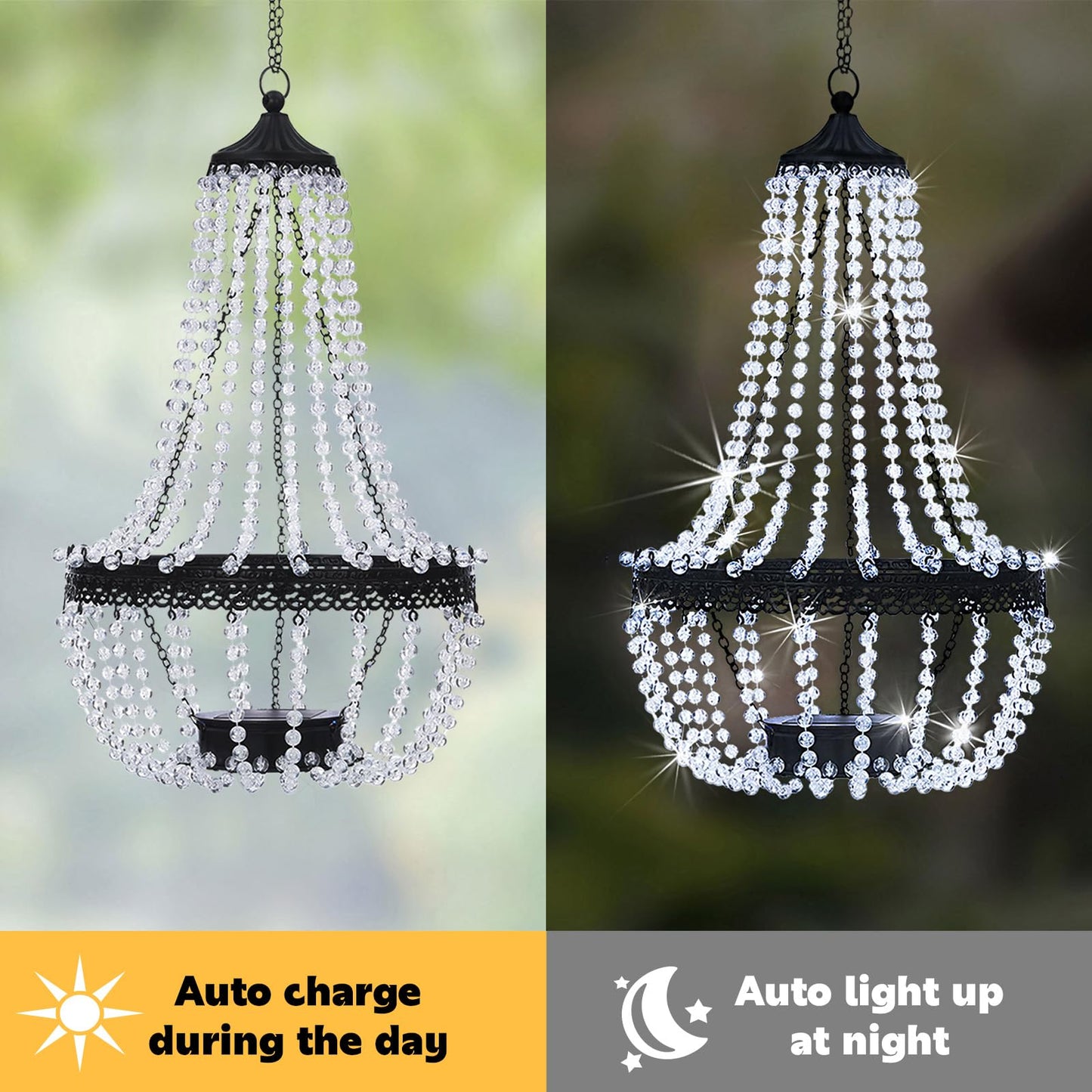 Hanging Solar Chandelier Outdoor, 30 Cool White Lights Acrylic Clear Beaded Chandelier with S Hooks Modern Lantern for Garden Yard Patio Gazebo