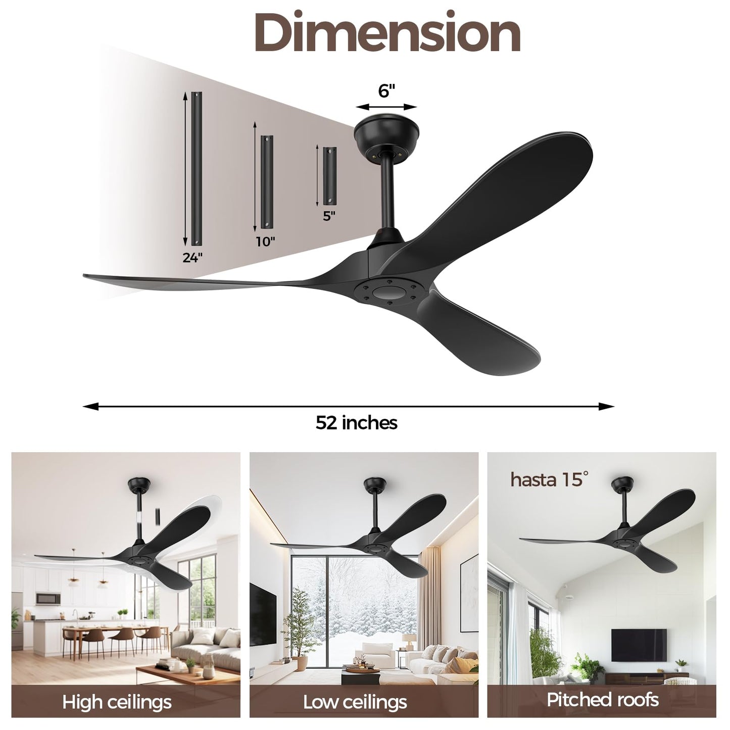 Obabala Black Outdoor Ceiling Fan, 52 in Ceiling Fans No Light with Remote Control, 3 Blades, 6 Speed Reversible DC Motor Modern for Patios, Living