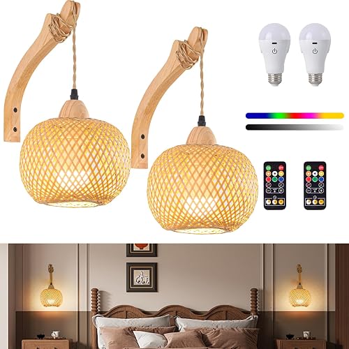 Rizzyluz Battery Operated Wall Sconces Set of 2 with Remote, Boho Bamboo Rechargeable Rattan Wall Lights, Wireless Wall Lighting Fixtures for Bedroom