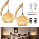 Rizzyluz Battery Operated Wall Sconces Set of 2 with Remote, Boho Bamboo Rechargeable Rattan Wall Lights, Wireless Wall Lighting Fixtures for Bedroom