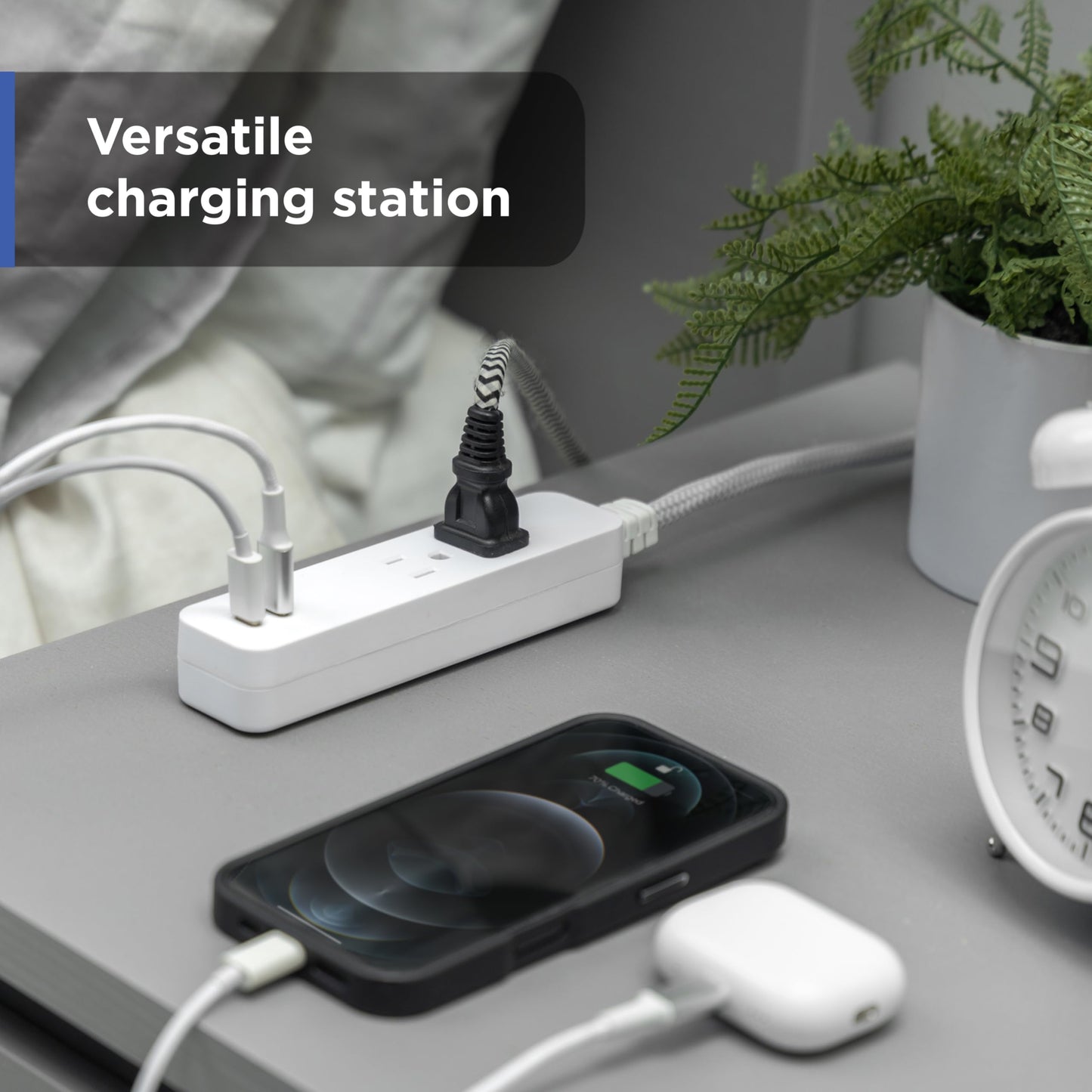 GE 2 USB C Extension Cord Power Strip, 2 Outlets, 4 Ft Braided Cord, Flat Plug, 245 Joules, 12W Charging Power, 16AWG, White, 87434