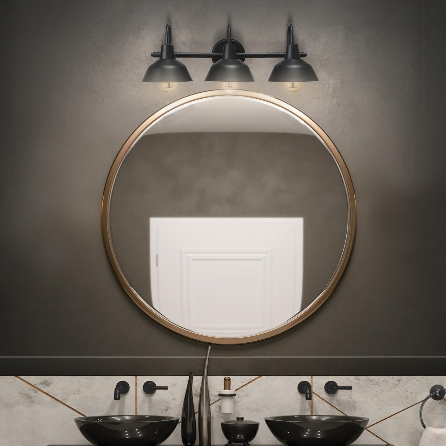 Globe Electric 65554 Barnyard 3-Light Vanity Light, Matte Black, White Interior Shades