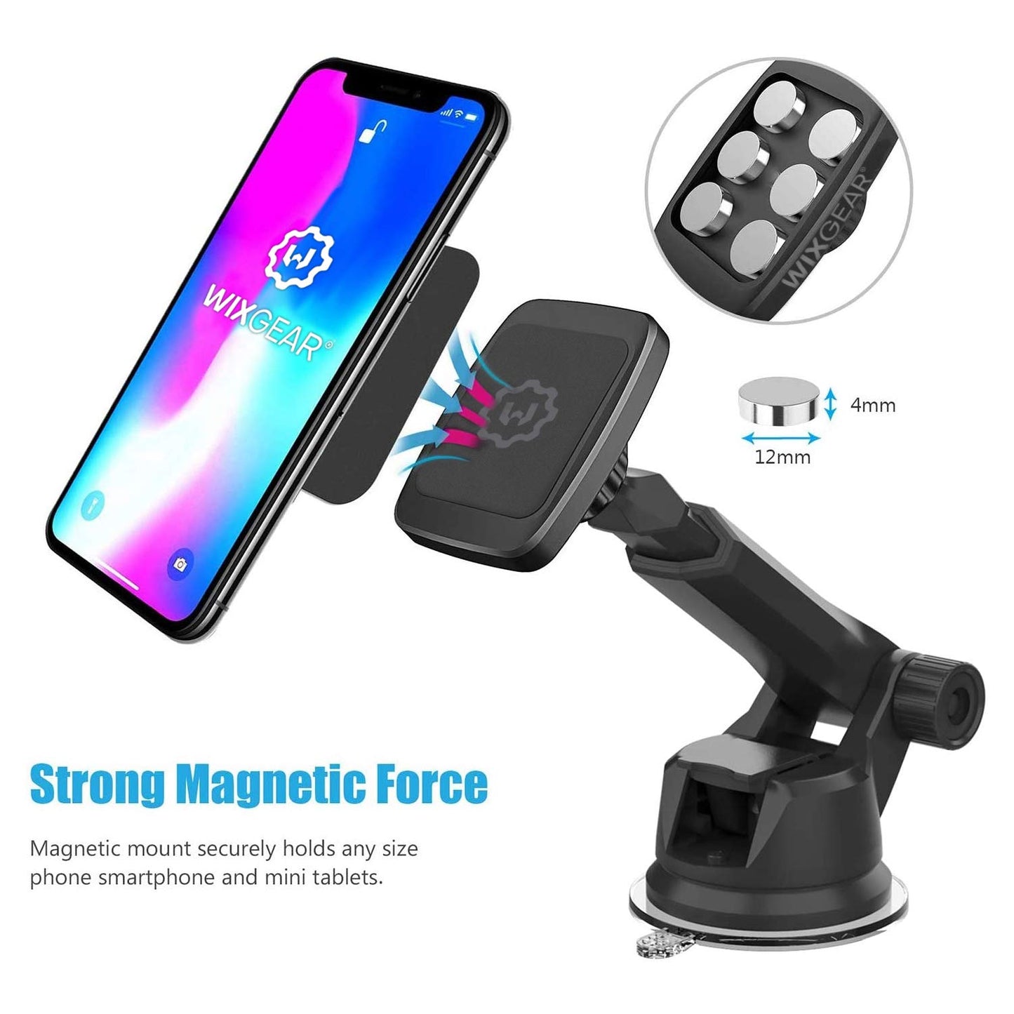 WixGear Universal Magnetic Car Mount Holder, Windshield Mount and Dashboard Mount Holder for Cell Phones and Tablets with Long Arm - (New Version