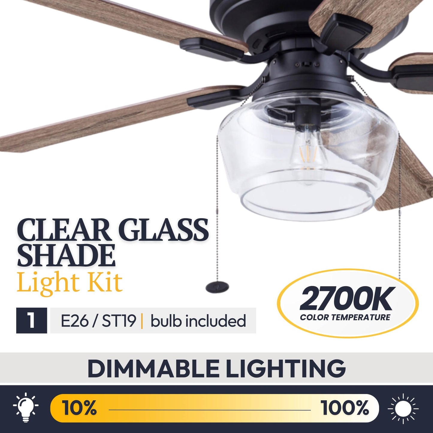 Prominence Home MaCenna, 52 Inch Traditional Farmhouse Indoor Flush Mount LED Ceiling Fan with Clear Glass Light, Pull Chain, 5 Reversible Dual-Finish