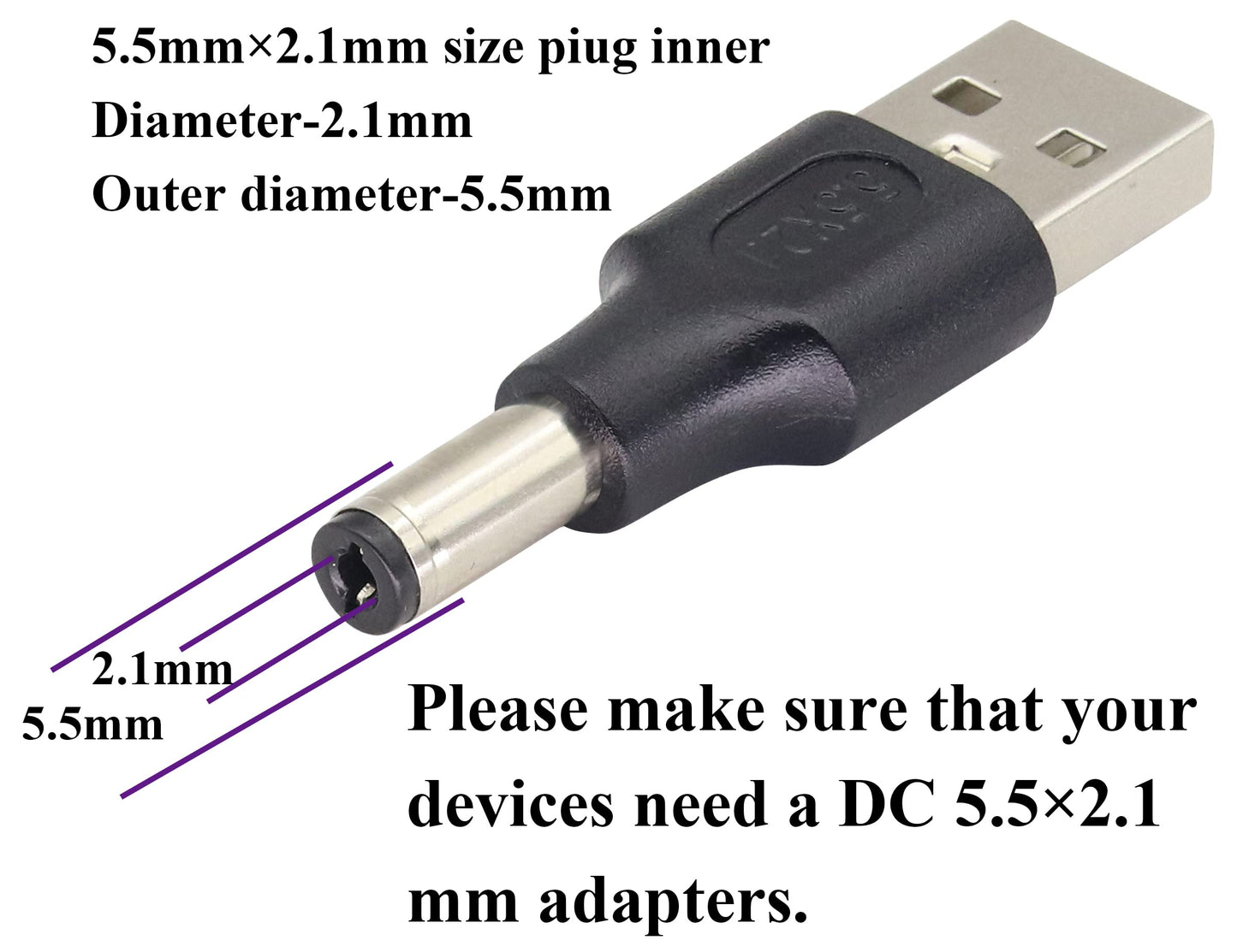 AAOTOKK (2 Pack 5V DC to USB Adapter DC5.5 × 2.1 mm Power Converter Plug USB 2.0 A Male to DC 5.5×2.1mm Male DC Barrel Power Plug Charger Cord…