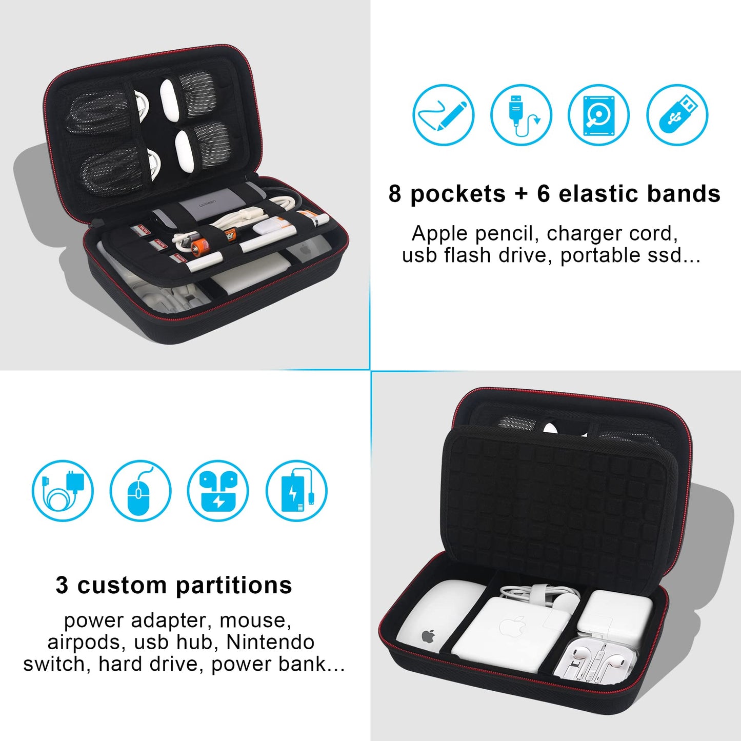 Elonbo Hard Travel Cords Organizer Universal Small Electronic Accessories Carrying Case for Chargers Cables MacBook Adapter Magic Mouse Apple Pencil