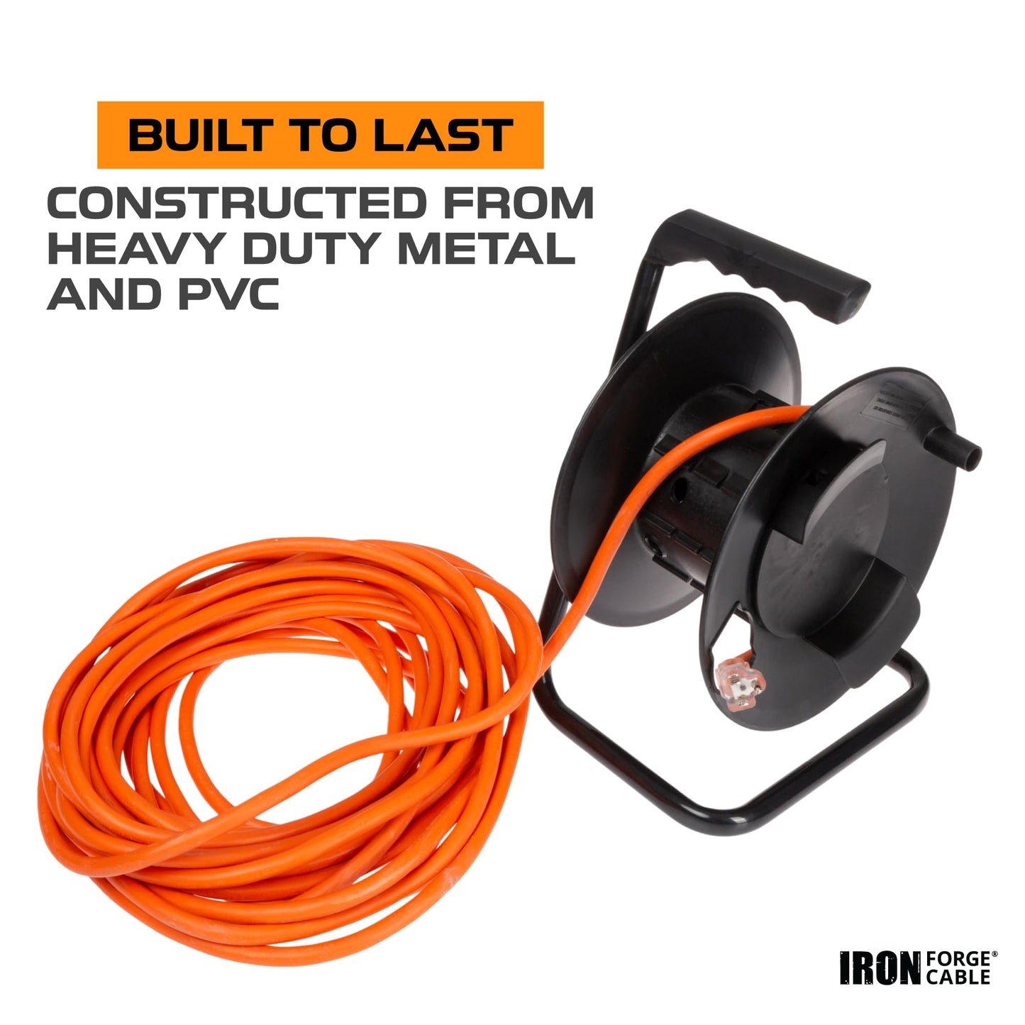 IRON FORGE CABLE Extension Cord Storage Reel with Metal Stand, Black - Portable Cable Reel that Holds Up to 100 Ft of Extension Cords, Hose, or Rope