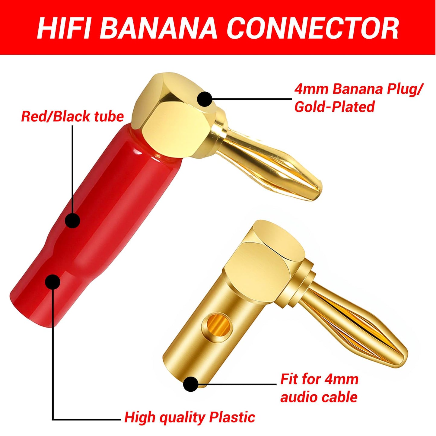 10Pcs 4mm Banana Plugs 90 Degree Right Angle Speaker Connectors 24K Gold Plated Durable Audio Cable Terminals Speaker Connectors for Home Theater