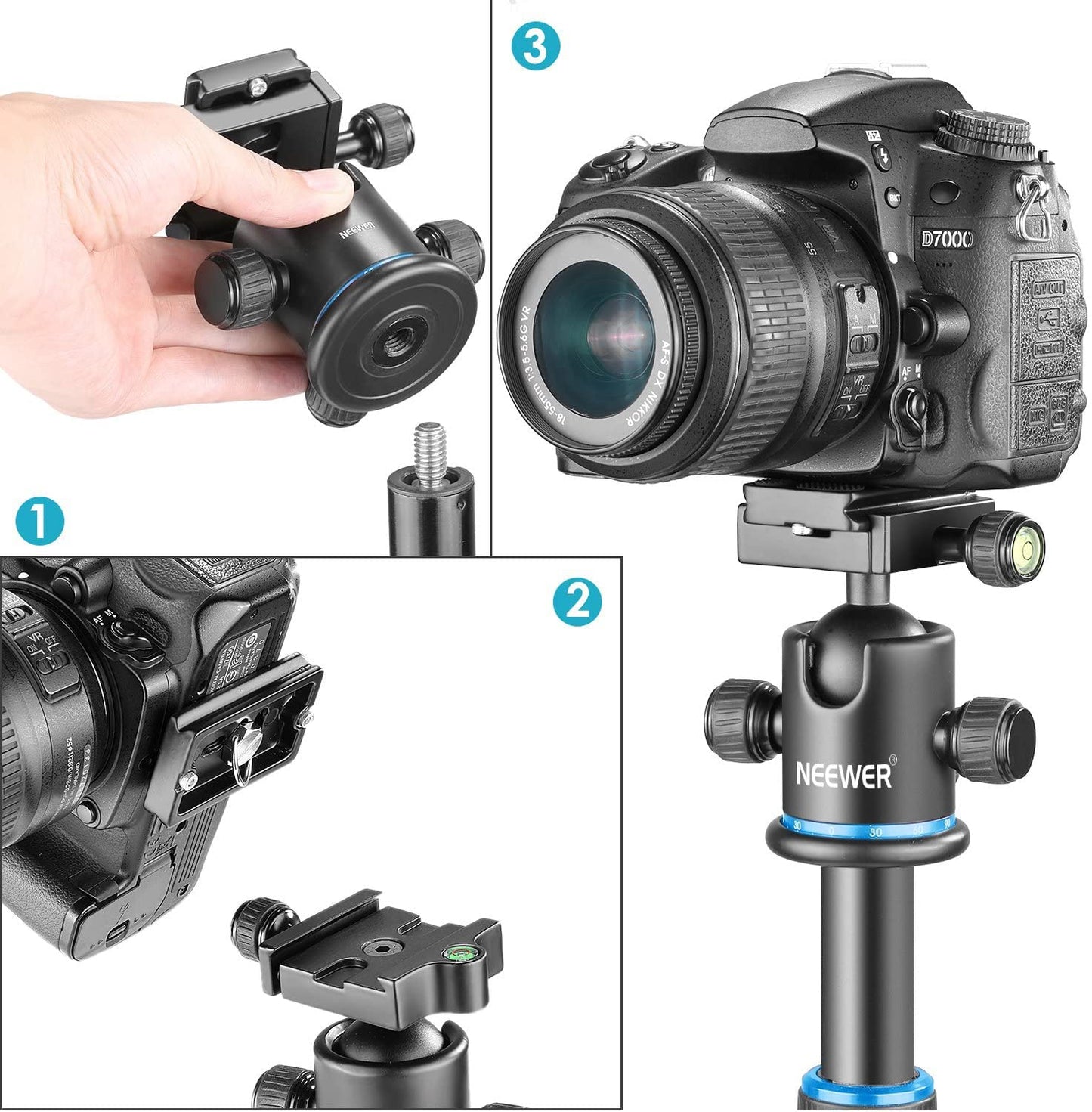 NEEWER 36MM Tripod Ball Head 360° Panoramic Metal with Arca Type Quick Release Plate, 1/4" Screw 3/8" Thread Mount, Max Load 17.6lb/8kg, Tripod Head
