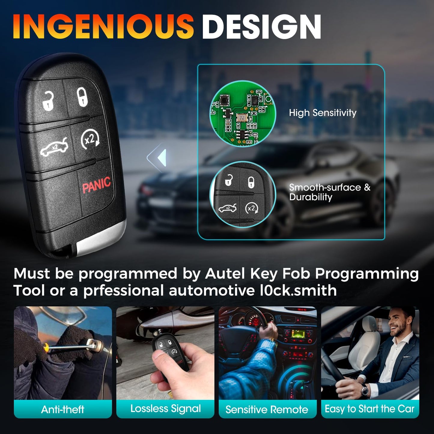 Autel MaxiIM IKEY Programmable Blank Key for Chrysler Dodge, 2026 IKEYCL005AL 5 Buttons Key Fob Replacement, 130FT/ 40M Smart Keyless Entry Remote