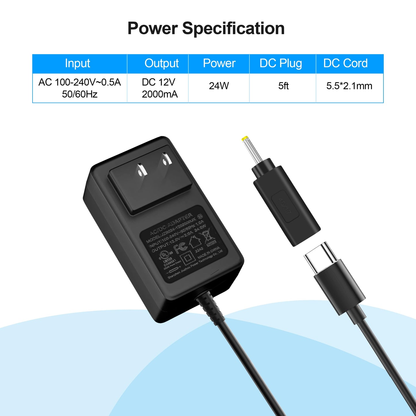 Type C Power Supply 12V 2A 24W Universal AC/DC Adapter 100-240V 50-60HZ Input Transformer DC 5.5X2.5MM 3.5X1.35MM Output Plug Widely Compatible CCTV…