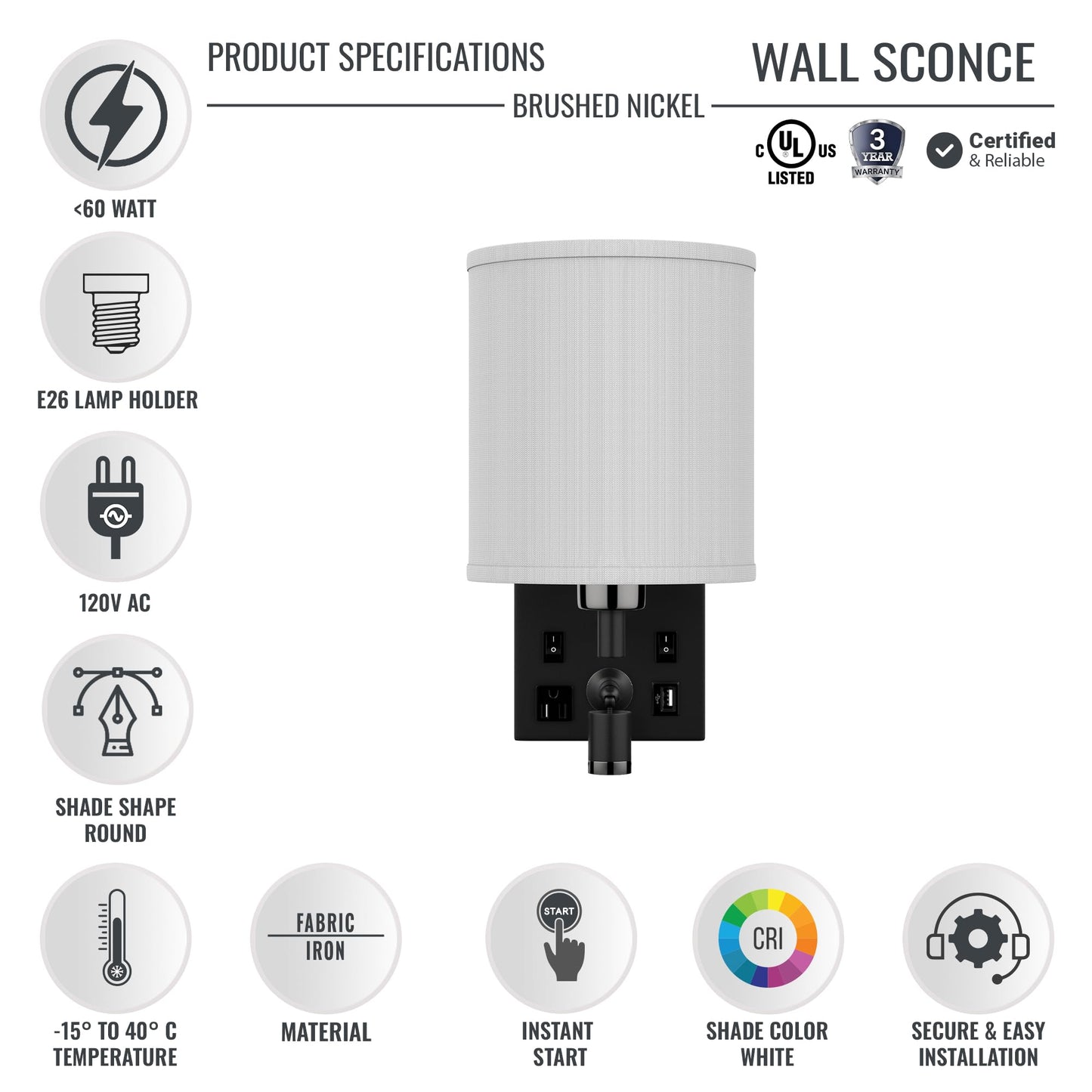 LEDMyplace 1-Light LED Wall Sconces, Indoor Sconce Light Fixture for Living Room with USB Ports and Outlet, E26 Base, Iron Body, White Fabric Shade