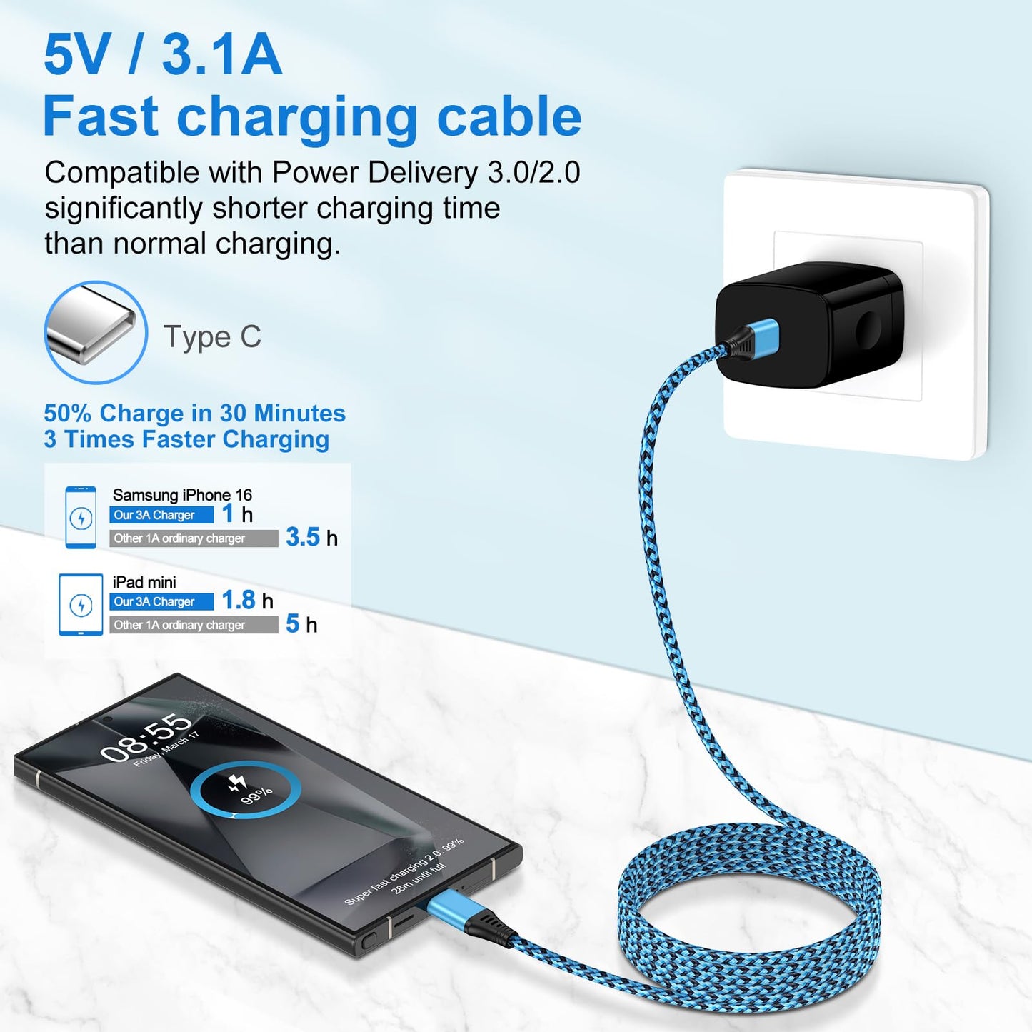Samsung A16 5G Charger Cable 10FT, 2 Pack Extra Long USB C to USB C Power Cord Fast Charging Car Android Phone Wire for Samsung Galaxy A17 A36 A56 A26