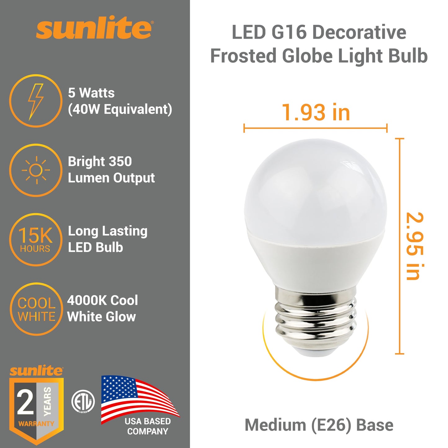 Sunlite G16 LED Dimmable Decorative Globe Vanity Light Bulbs, Frosted, 5W (40W Equiv.), 350 Lumens, Medium E26 Base, Mirror Lights for Bedroom