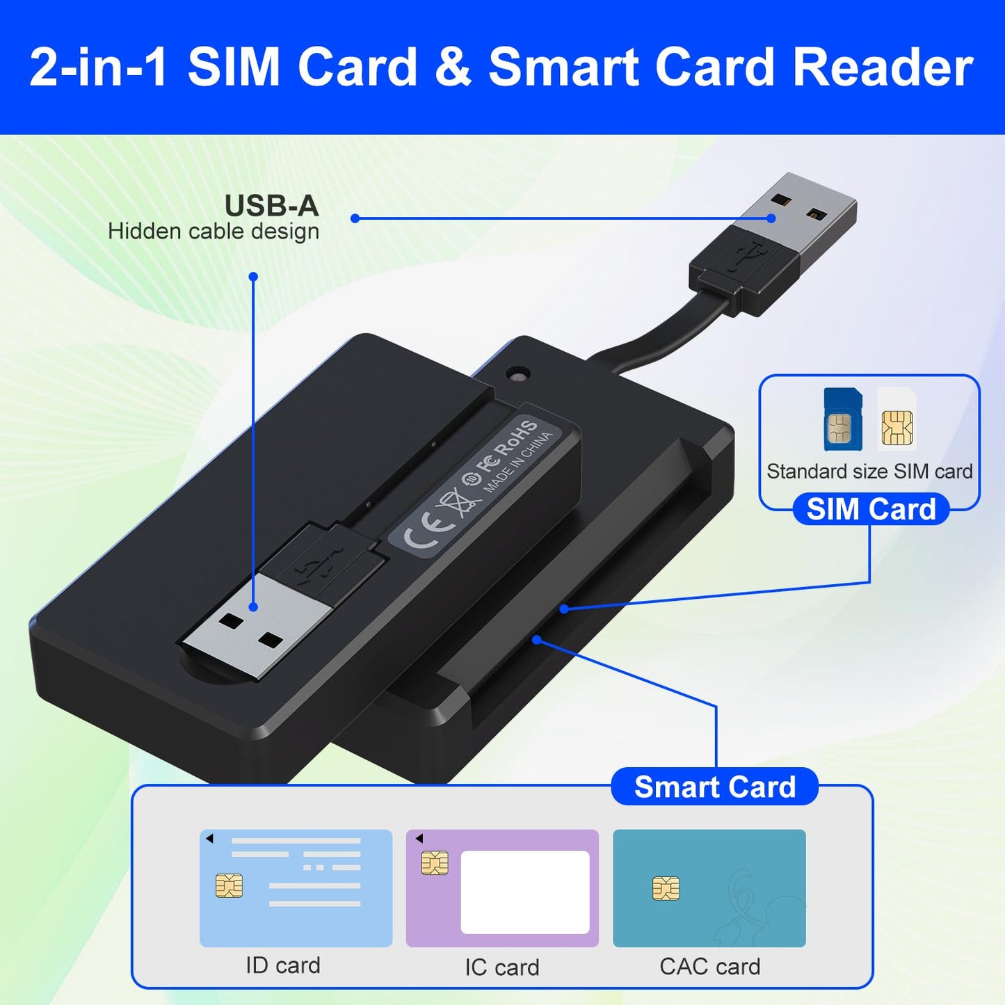 SIM Card Adapter and CAC Reader Military 2 in 1 for SIM/CAC/IC/PIV/ID/ATR/Contact Chip Card, CAC Card Reader Military, Smart Card Reader DOD Military