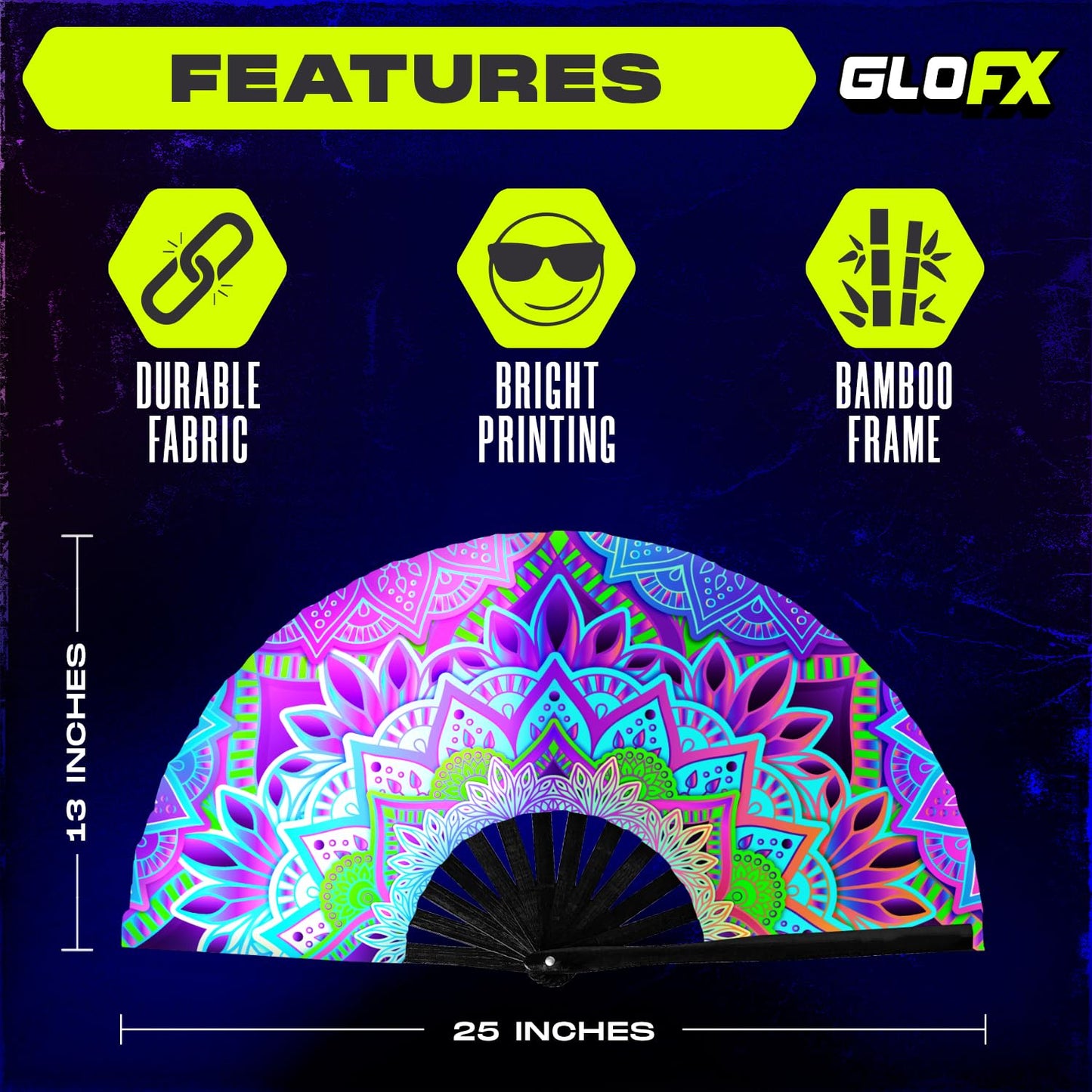 GloFX UV Glow Mandala Rave Handheld Fan - Teal, Pink, Purple & Green Design - Large Folding Fan for Festival Fashion, Essential Rave Accessories