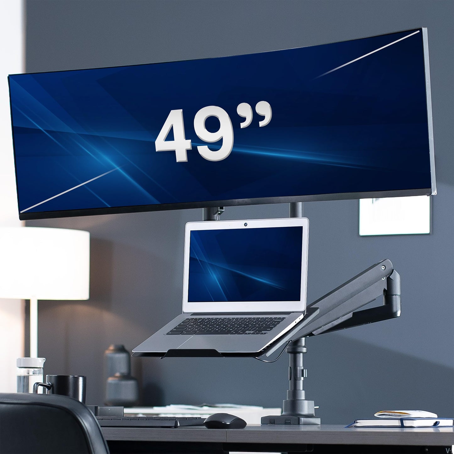 VIVO Pneumatic Arm Ultrawide Monitor Extra Tall Desk Mount for Up to 49 inch Screens and Laptop Tray for Up to 17 inch Notebooks, Holds Ultra-Wides Up