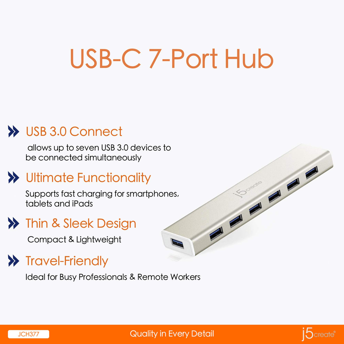j5create USB Type-C to 7-Port USB 3.0 Data Hub with 3 ft Extended Cable