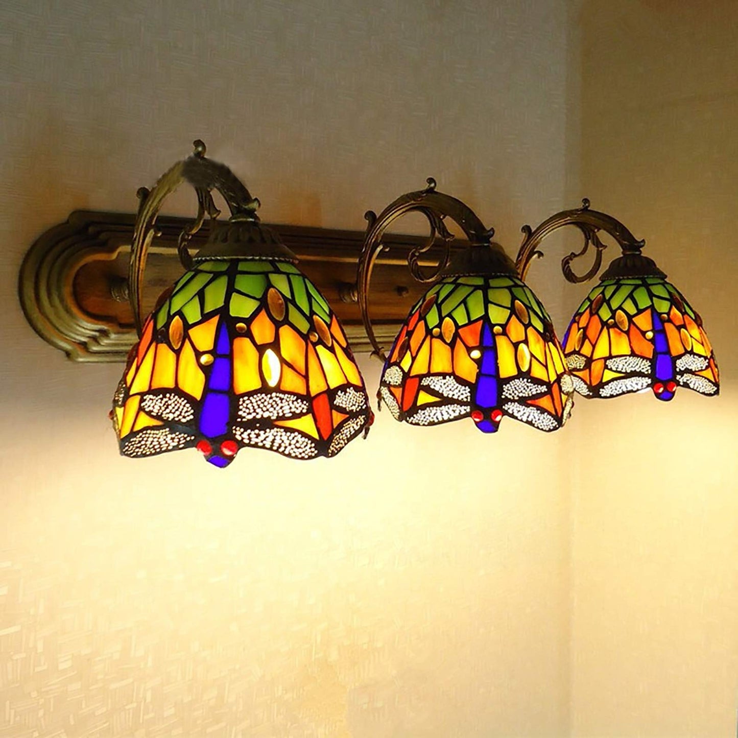 TFCFL 3 Lights Sconce Lightings, Bronze Finish Handcraft Stained Glass Vanity Lighting Wall Sconces Fixture Dragonfly Shades Stained Glass Sconce