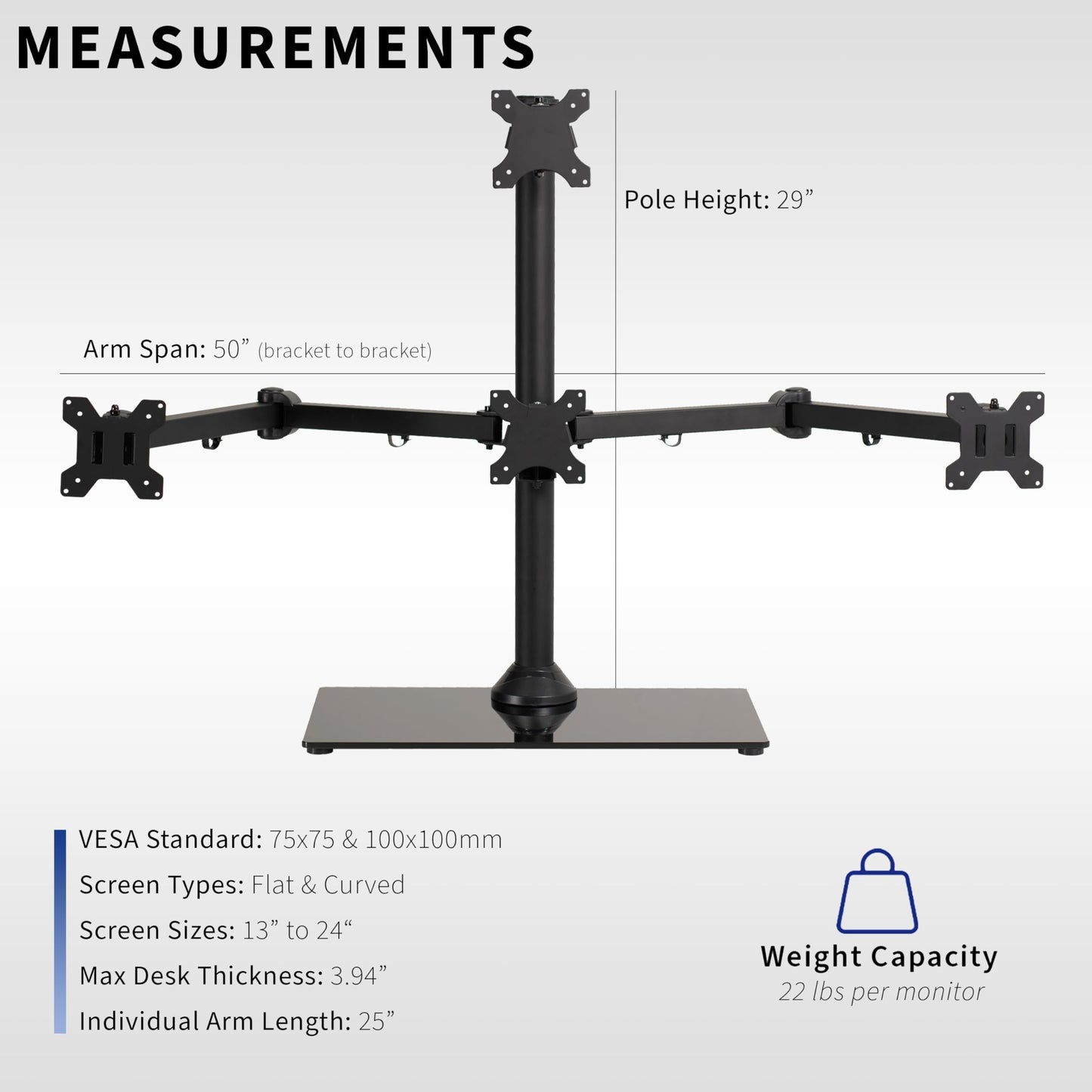 VIVO Black Steel Quad Freestanding LED LCD Computer Monitor, Heavy Duty 3 Plus 1 Fully Adjustable Stand with Base, Holds 4 Screens up to 24 inches