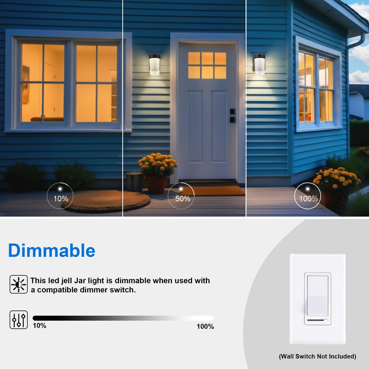 LIT-PaTH LED Jelly Jar Outdoor Wall Lantern, Exterior Porch Lighting Fxiture, 3CCT Selectable 3000K/4000K/5000K, Dimmable, 11W 800 Lumens, Black