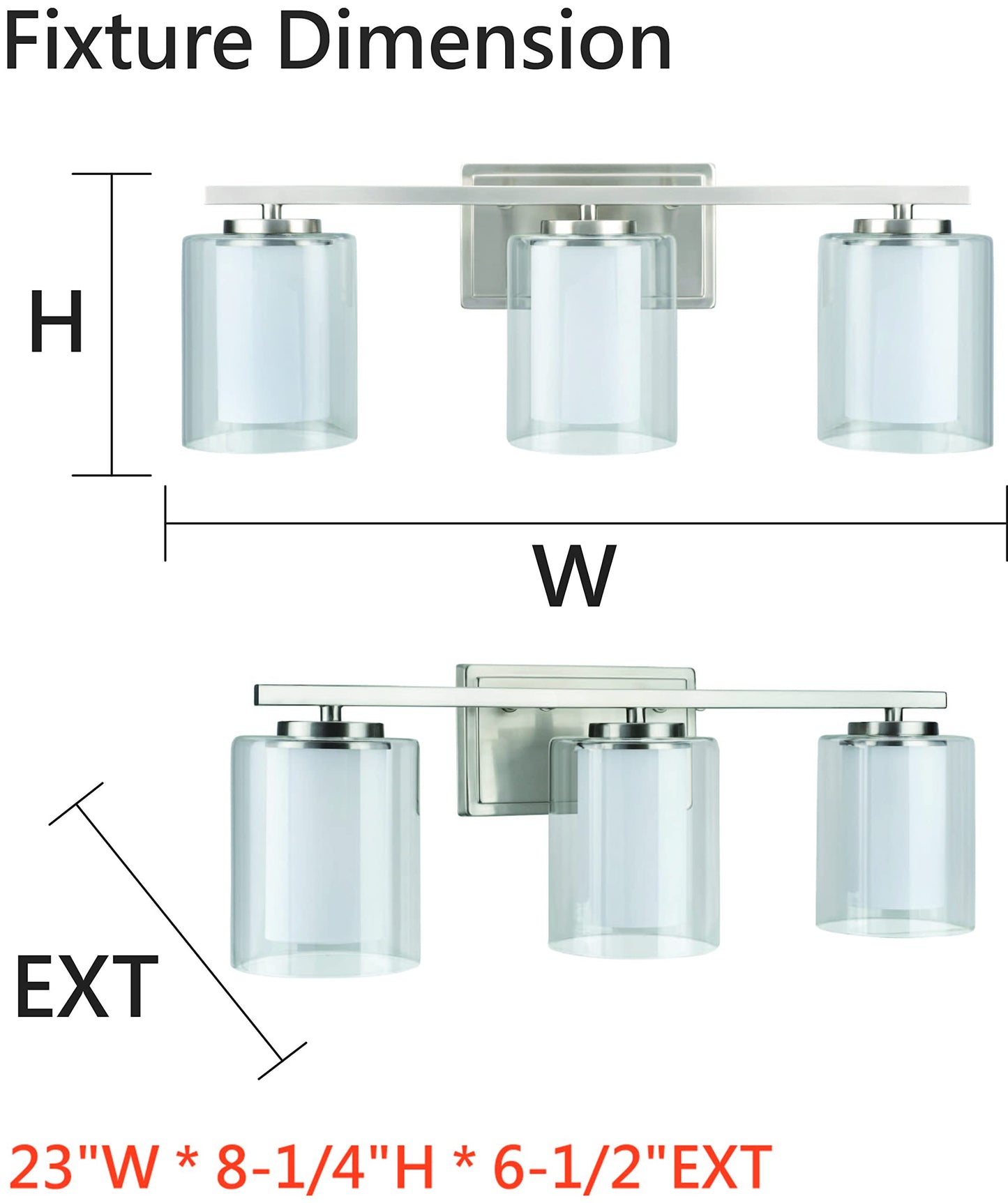 Aspen Creative 62103A, Three-Light Metal Bathroom Vanity Wall Light Fixture, 23" Wide, Transitional Design in Satin Nickel with Clear Glass Shade