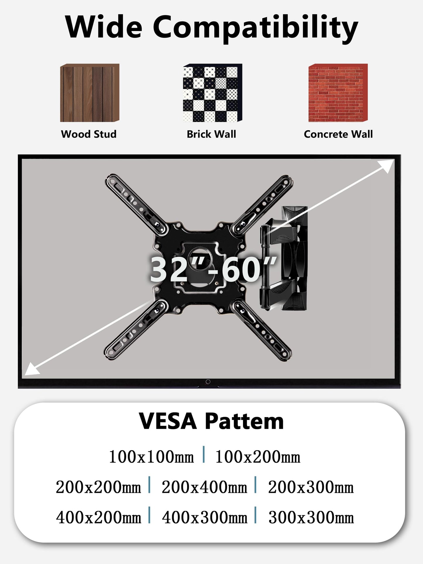 Full Motion Wall Mount for 32-60 Inch Screens, Swivel, Tilt & Extend, Articulating Mount Bracket for LED LCD OLED 4K Displays Up to 77 lbs, VESA