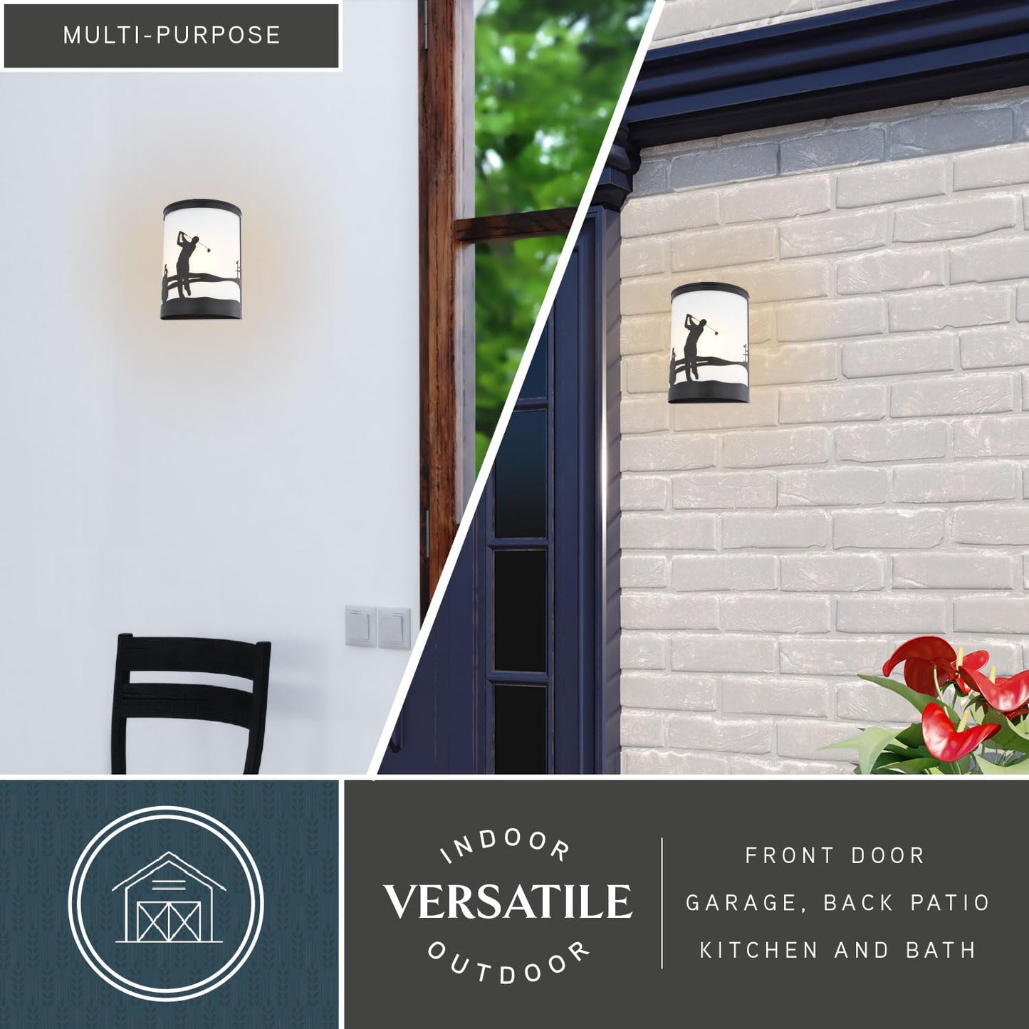 VAXCEL Links 1-Light 8 in. Wide Black Indoor-Outdoor Flush Mount Wall Sconce with Metal Golfer Cutout and Frosted White Glass Shade, Dimmable, LED