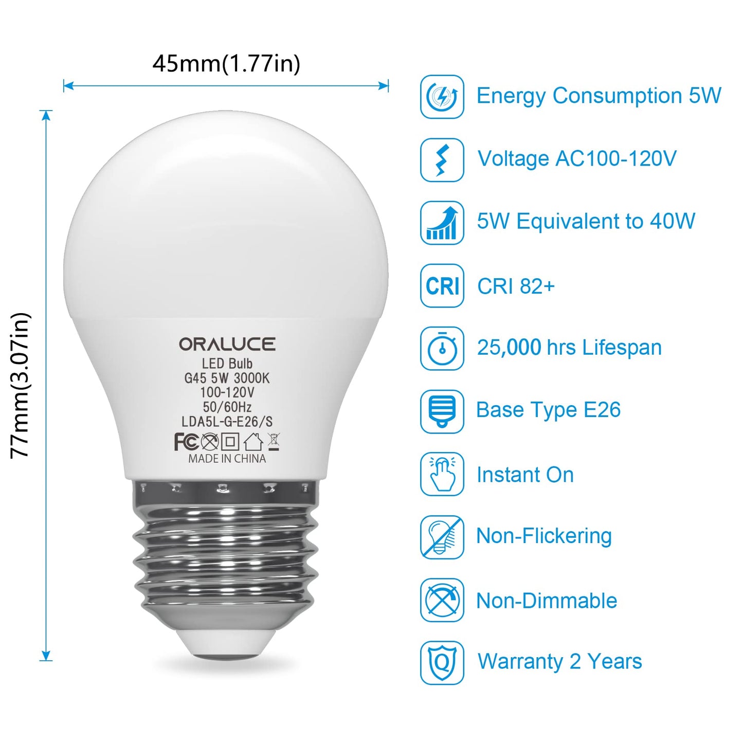ORALUCE A15 LED Bulb 5 Watts Warm White 3000K,40W Equivalent Table Lamp Bulb, E26 Standard Screw Base G45 Shape Small Light Bulbs for House