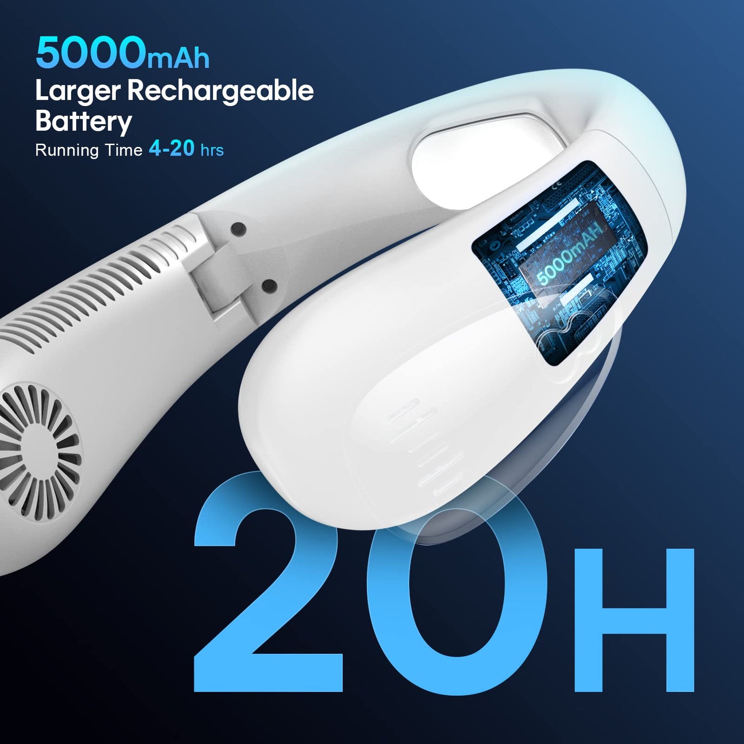 Neck Fan, 5000mAh LED Display Foldable Neck Fans Portable Rechargeable, with 3 Speeds Adjustment and Heat Sink Aluminum Sheet, Hands Free Personal