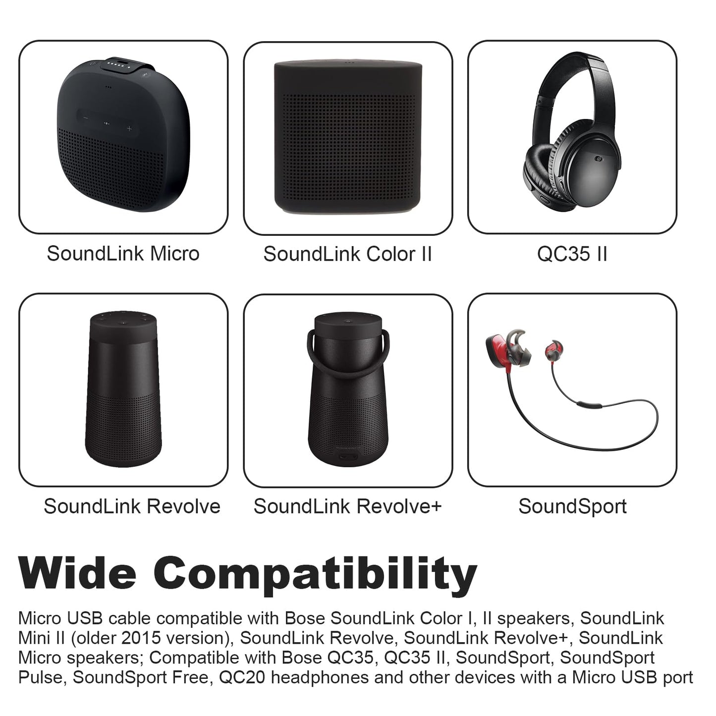 QC35 Charging Cable Compatible with Bose QuietComfort 35, QC35 II, QC25, QC20, QC20i & SoundLink Around Ear Wireless Headphones, Micro USB Charging