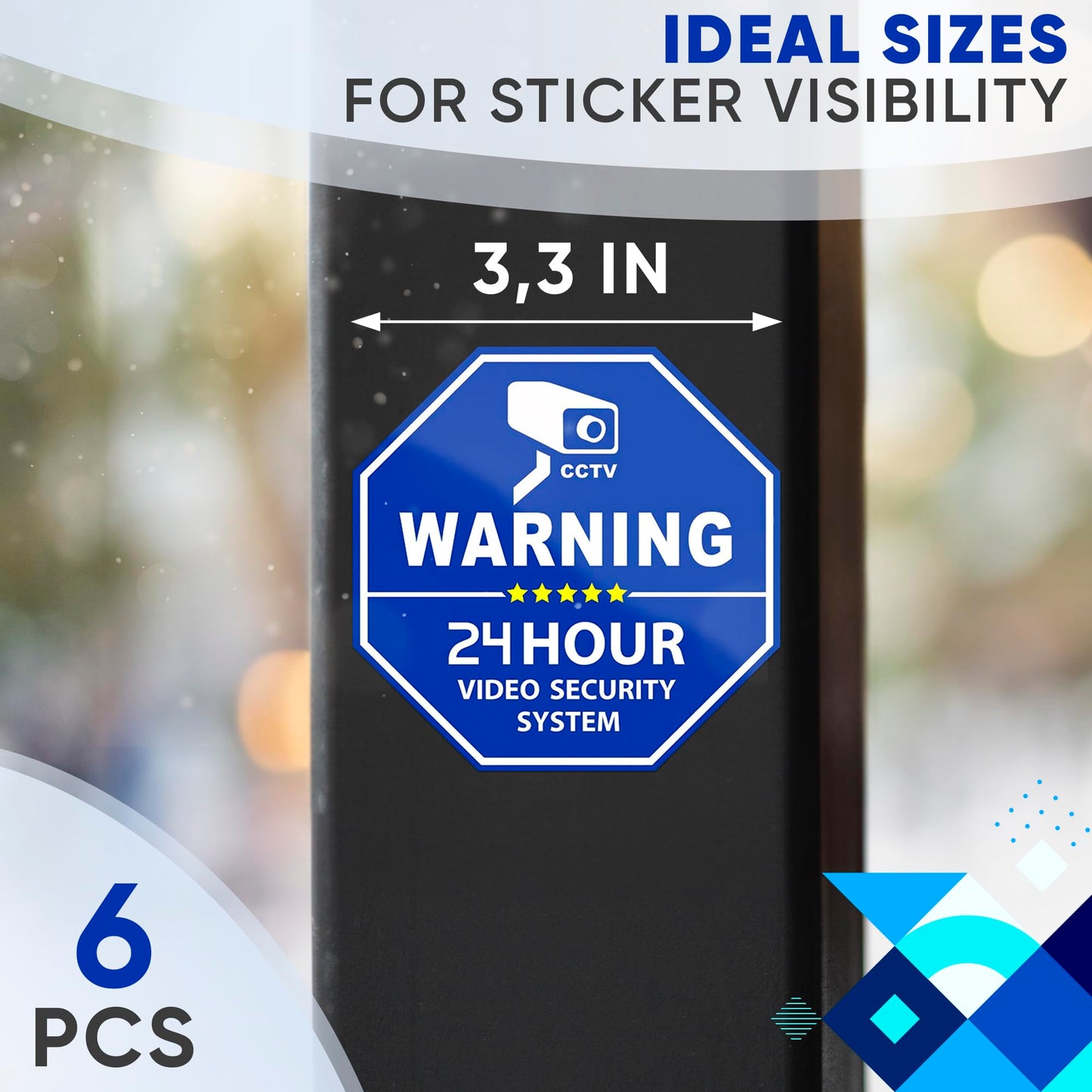 6 Pcs Security Camera Stickers - Security Cameras Signs to Put on Door, 3.3 x 3.3 Convenient Size, Sleek Hexagonal Design, Water and Wear Resistant