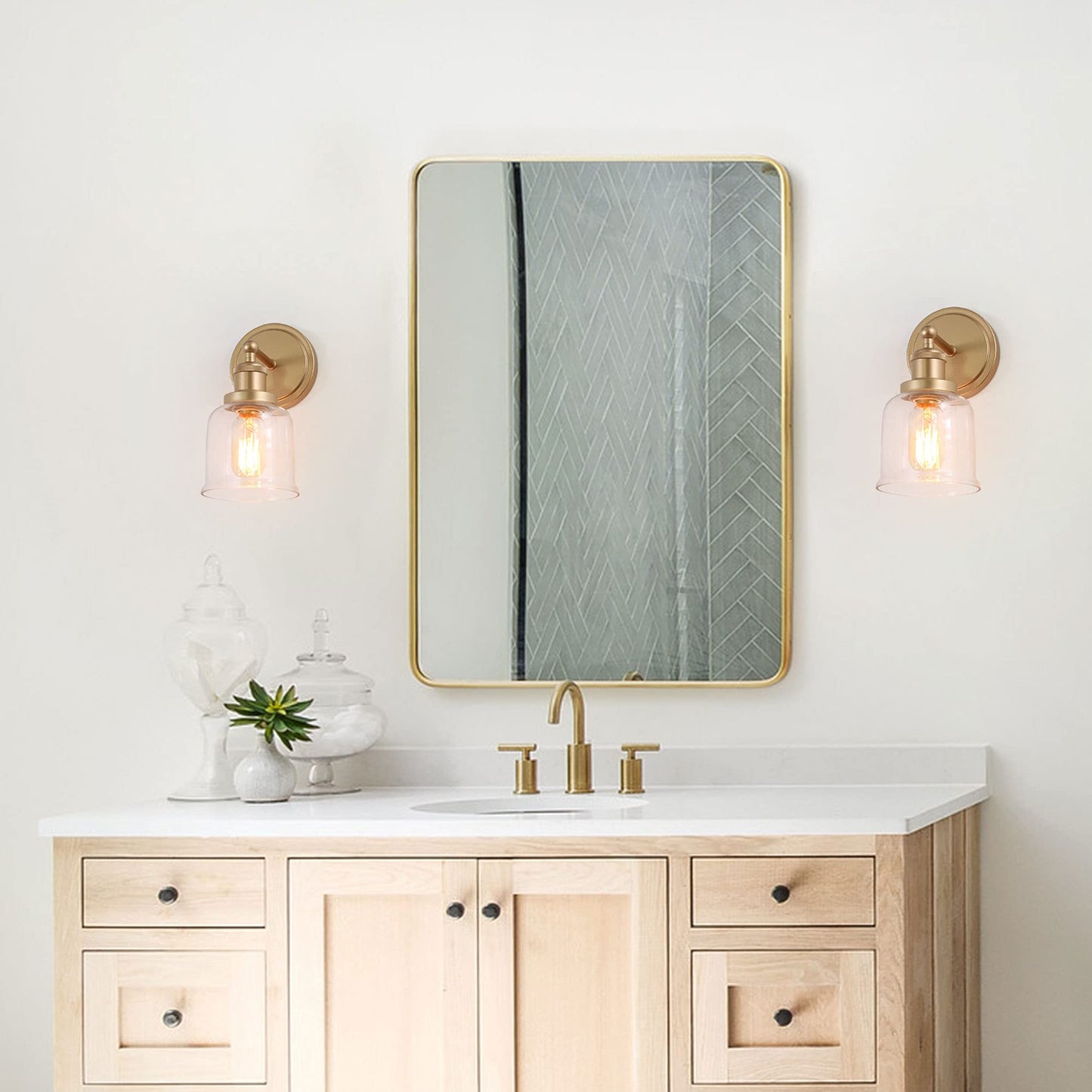 classy leaves Gold Sconces Wall Lighting, 1-Light Gold Vanity Lights for Bathroom, Modern Wall Light Sconce with Clear Glass Shade for Bedroom, Living