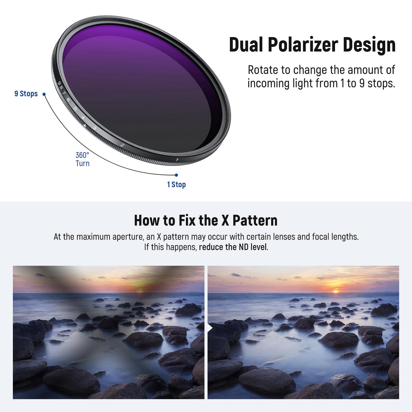 NEEWER 58mm Variable ND & Black Diffusion 1/4 Filter Set, 2 Pack Multicoated Optical Glass Neutral Density ND2-400 & Dreamy Soft Cinematic Effect