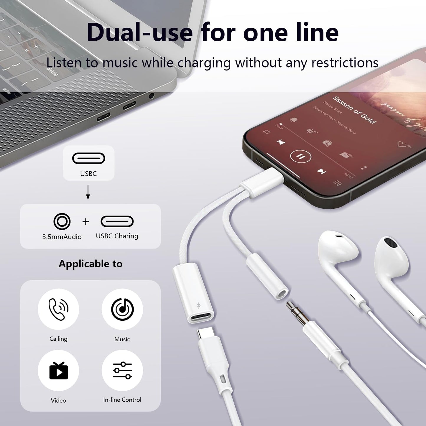 USB C to 3.5mm Headphone and Charger Adapter, 2-in-1 USB Type C to Aux Jack Dongle Cable with PD 60W Fast Charging for iPhone 15 16 17 Pro Max