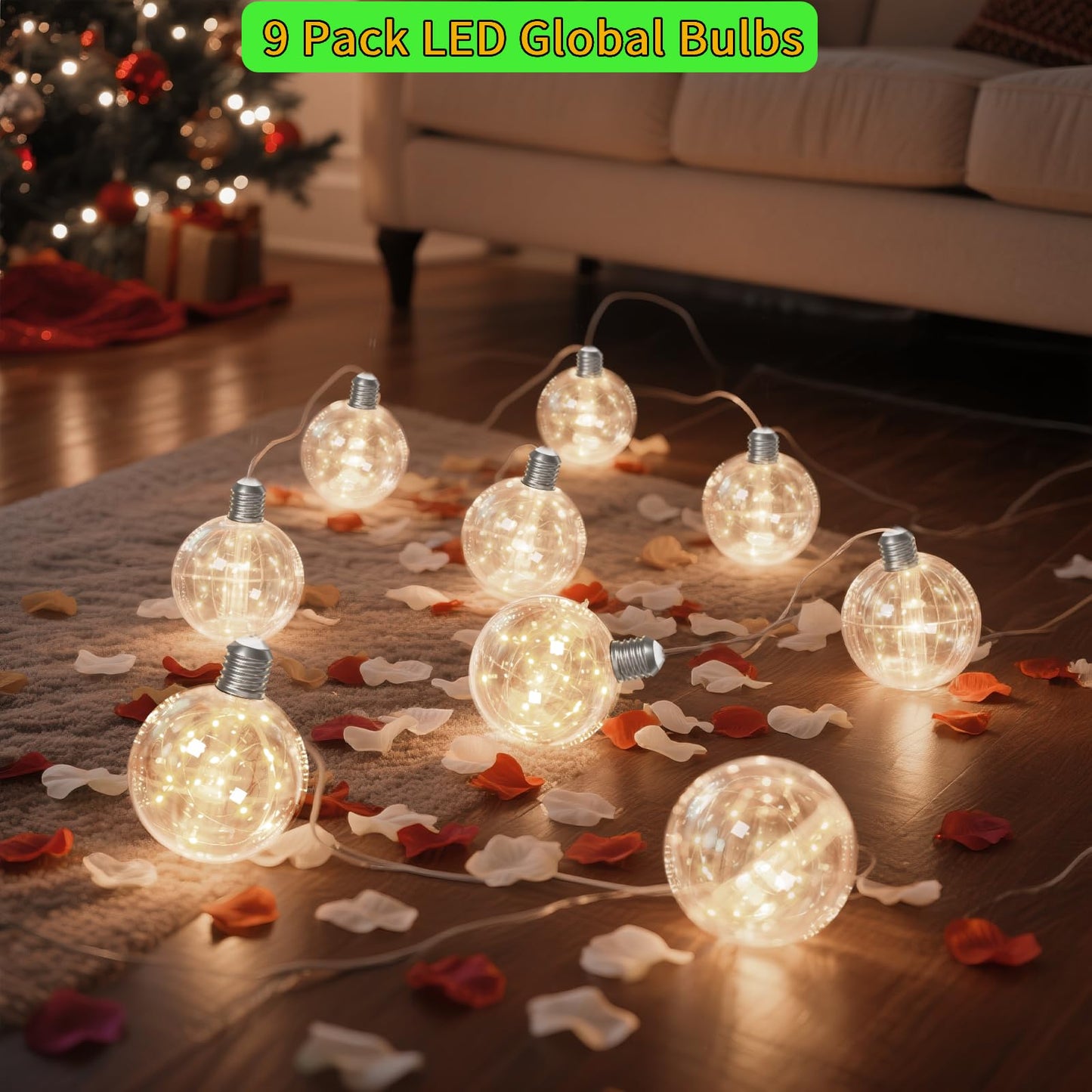 9 Pack Globe String Lights, 10.3FT LED String Lights Indoor, G100 Waterproof Decorative Christmas Lights Ball Bulbs, Built-in 15 LEDs, Warm White