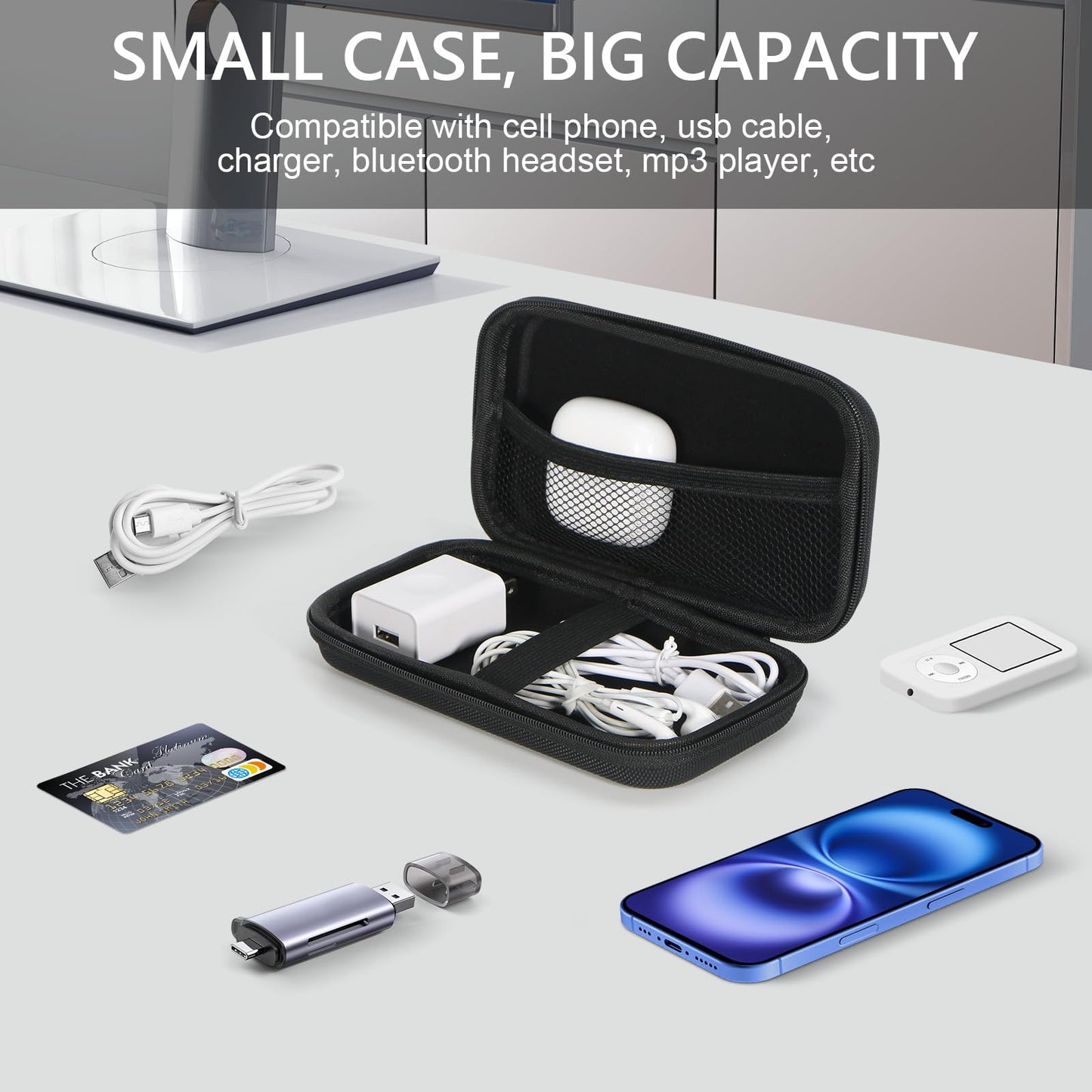 GLCON Portable Protection Hard EVA Case for External Battery,Cell Phone,GPS,Hard Drive,USB Charging Cable,Carrying Bag Mesh Inner Pocket,Zipper