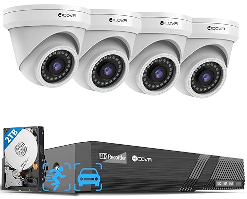 4COVR PoE Security Camera System, Person Vehicle Detection & Night Vision, 8CH 8MP H.265 NVR with 2TB HDD, 4Pcs 8MP Wired Dome PoE IP Camera