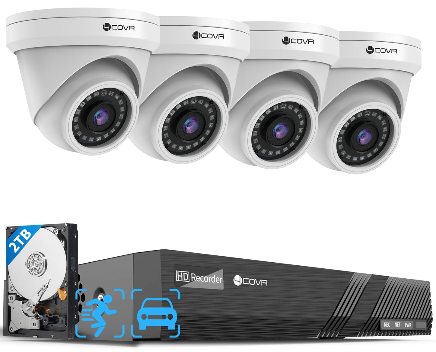 4COVR PoE Security Camera System, Person Vehicle Detection & Night Vision, 8CH 8MP H.265 NVR with 2TB HDD, 4Pcs 8MP Wired Dome PoE IP Camera