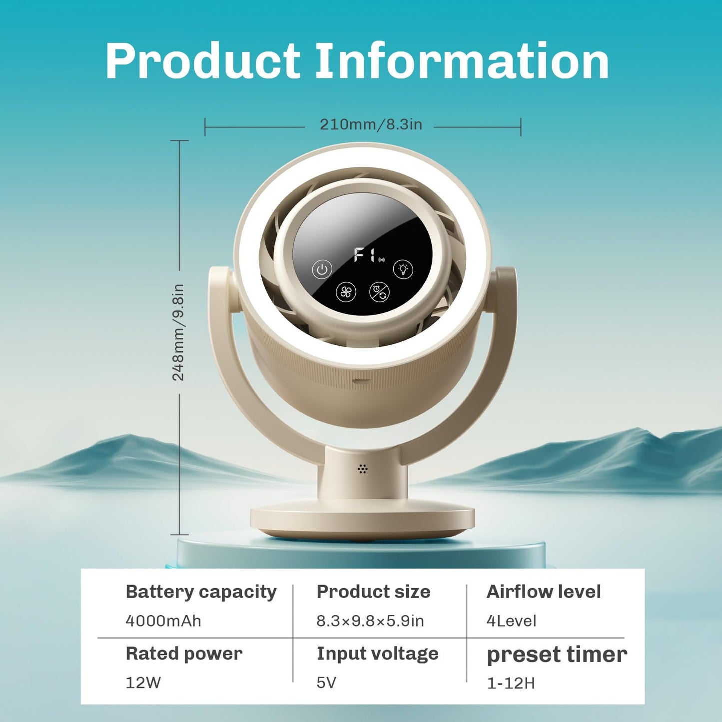 Ultra-Quiet Desk Fan with 4000mAh Rechargeable Battery, portable desk fan,Battery Operated & USB Powered, Low Noise Table Fan with Digital Display