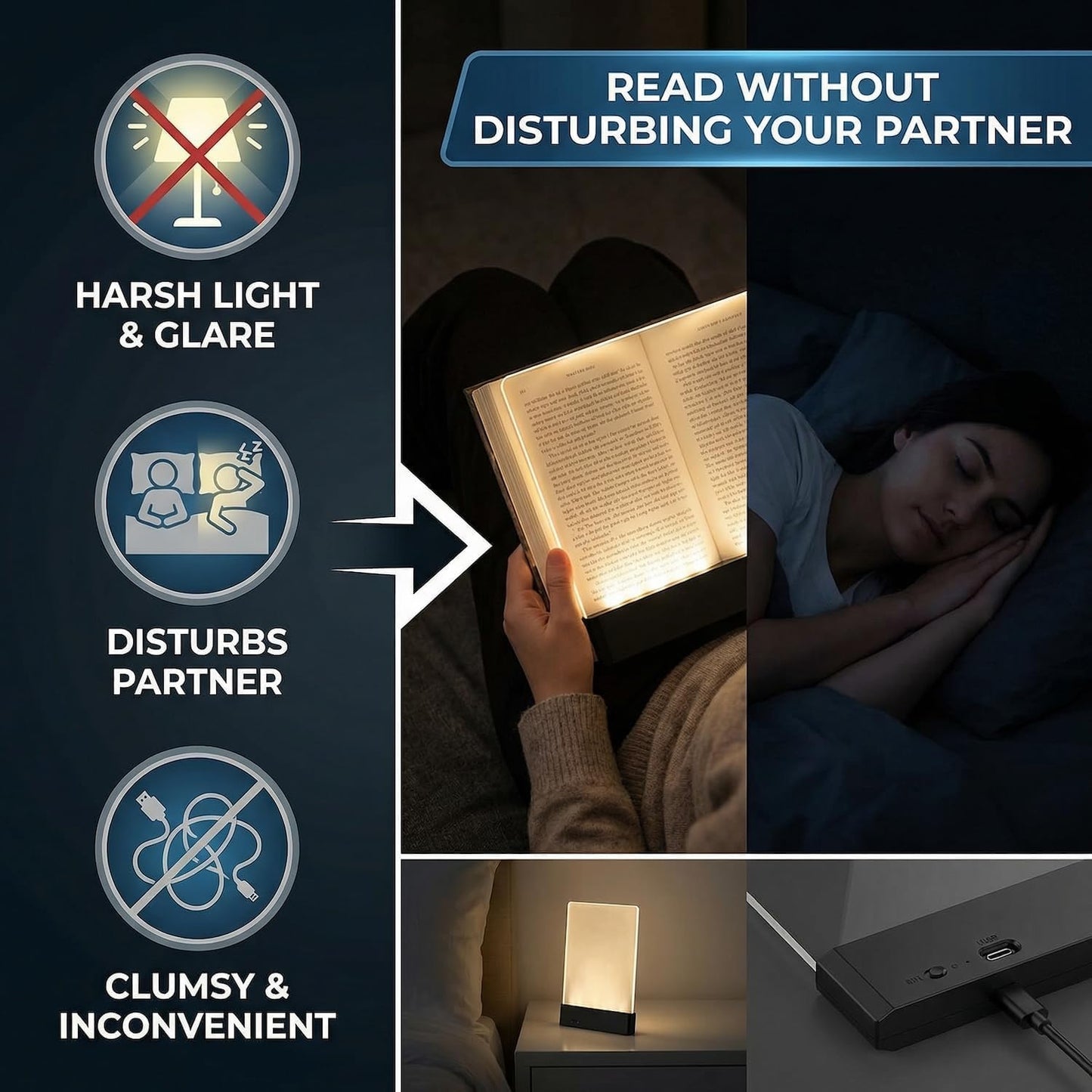 TWINPAIR LED Book Light Page, Rechargeable Book Page Light for Reading, Flat Full Page Reading Light with 3 Colors, Dimming Timer, USB-C,Black