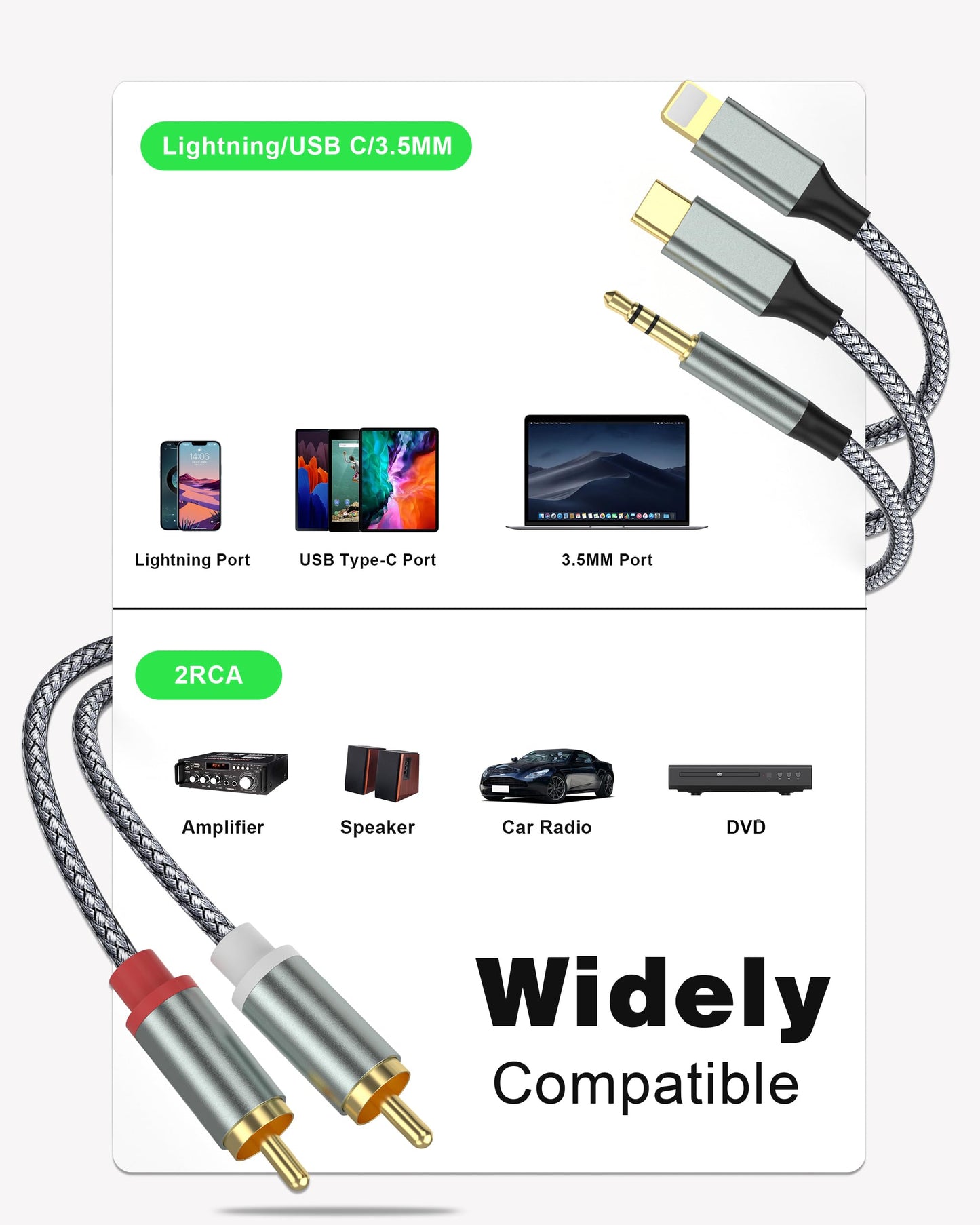Lightning to RCA Cable Audio Aux Adapter,RCA to 3.5mm Cable?USB C to 2 RCA Audio Cable? (3 in 1 Audio Cable) for Power Amplifier, Car, Home Theater