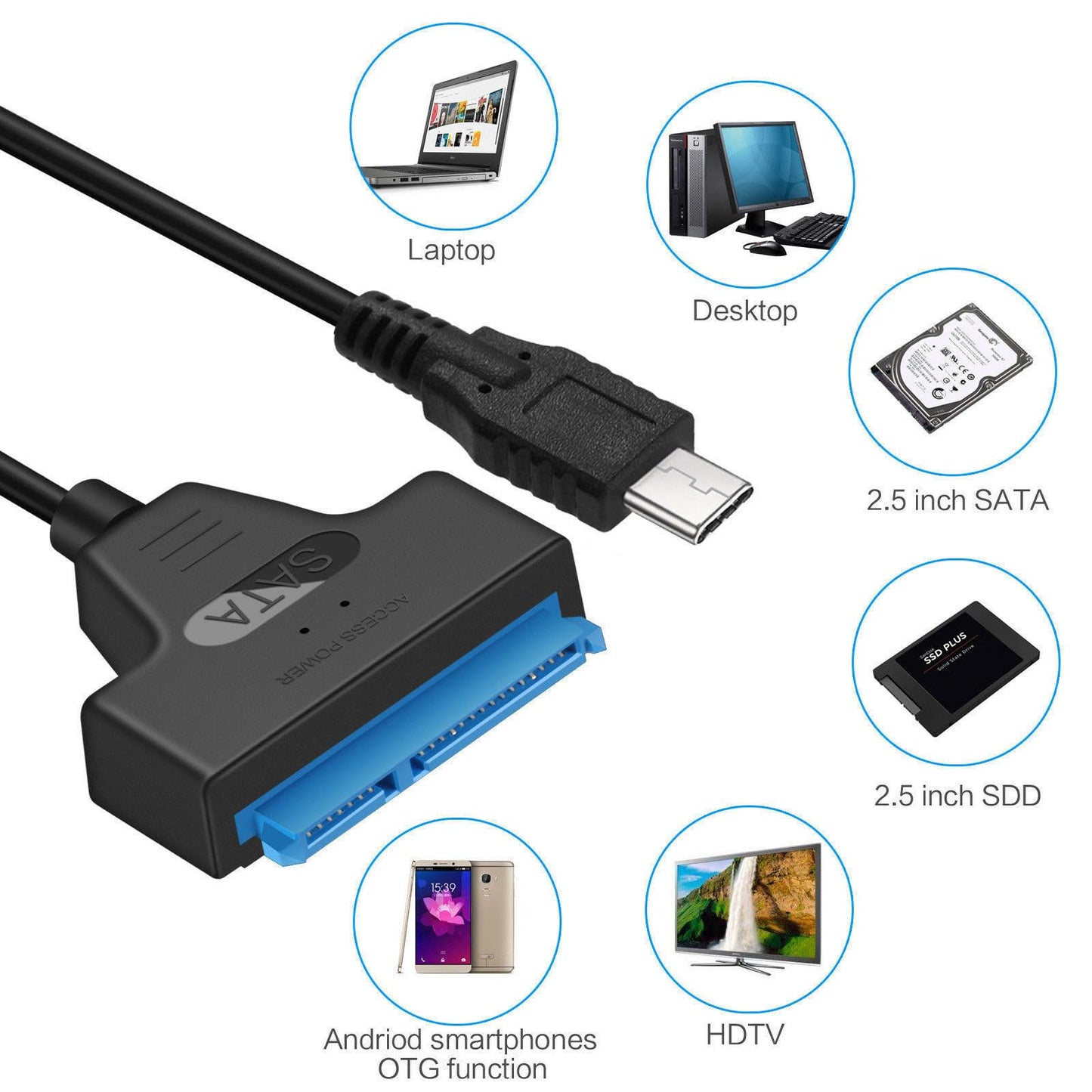 NTQinParts USB 3.1 Type C to SATA III HDD SSD 2.5" Hard Drive Adapter Cable 22-Pin UASP for Samsung 870 EVO SATA III SSD 2.5” Internal Solid State