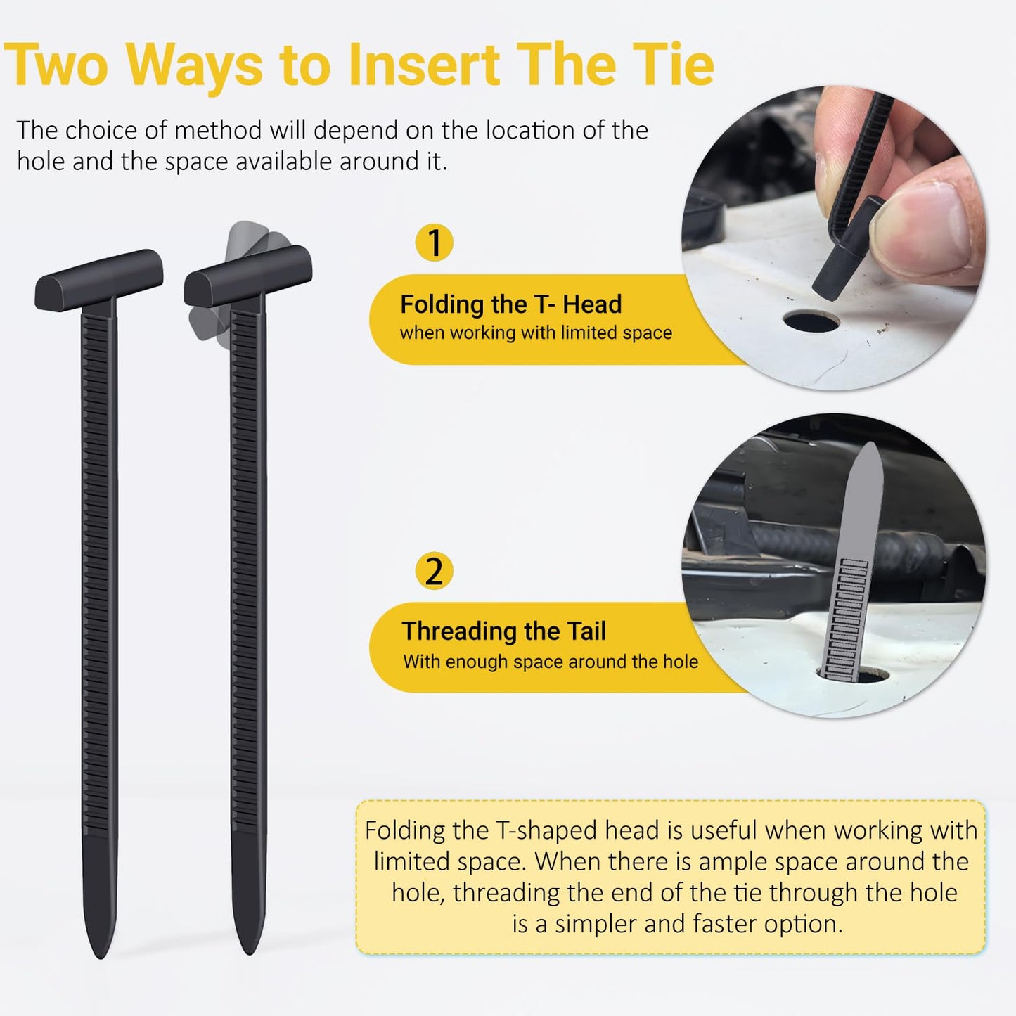Aymier 160Pcs Upgraded Double-Side Teeth Self-Locking Nylon Universal Cable Tie Buckle, for Car Fender Trunk Bumper Repair, Home & Garage, with T