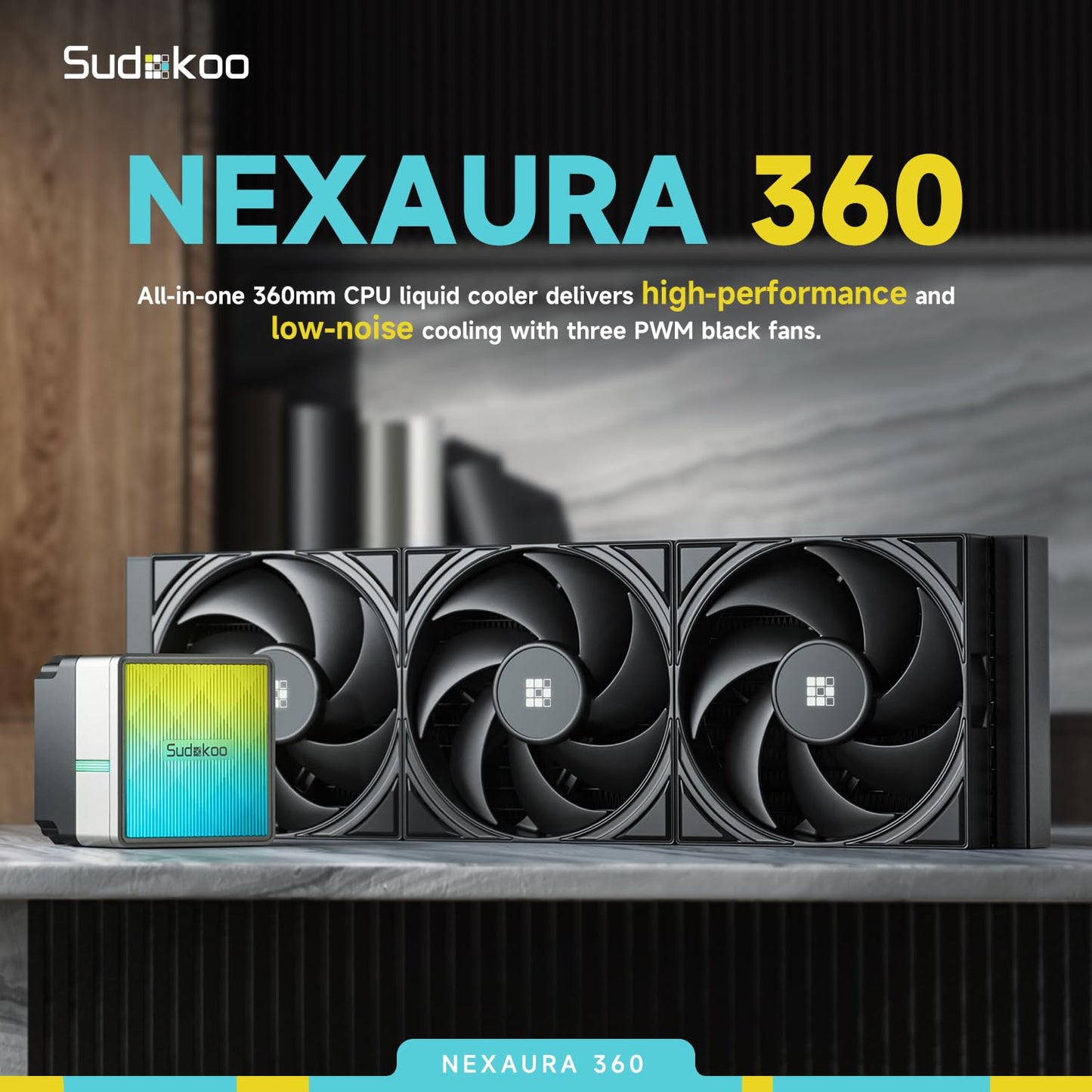 Sudokoo NEXAURA 360 Liquid CPU Cooler: 360mm AIO CPU Cooler with PWM Pump & ARGB Pump Head - Water Cooling with FDB Fans for Intel LGA